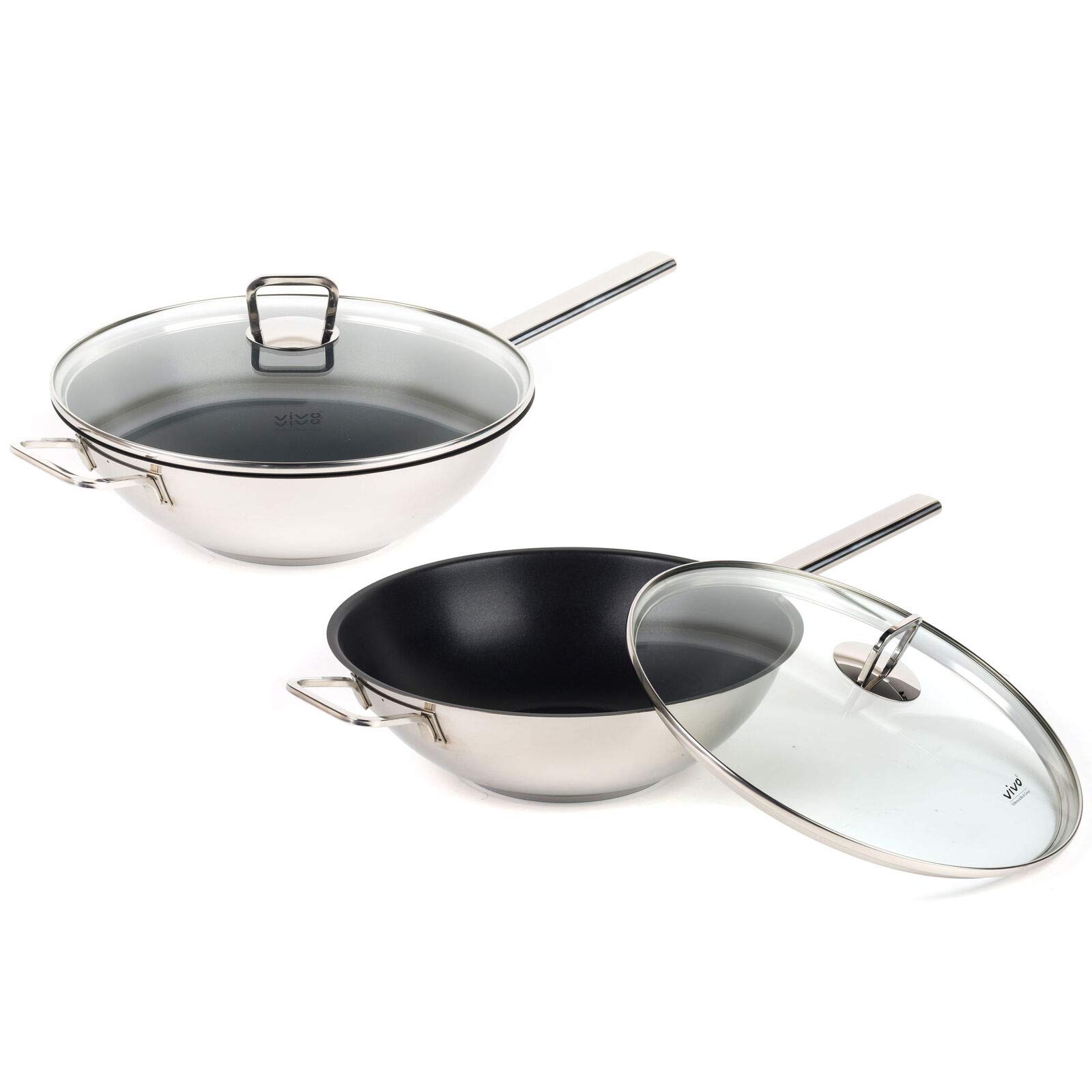 Villeroy & Boch Vivo COMBO-5297 Stainless Steel Wok Set of 2 – 30 cm Non-Stick Coated Deep Pan with Glass Lid, Induction Suitable, Large Pan for Stir Fry with Flat Bottom, Cook with Little Or No Oil