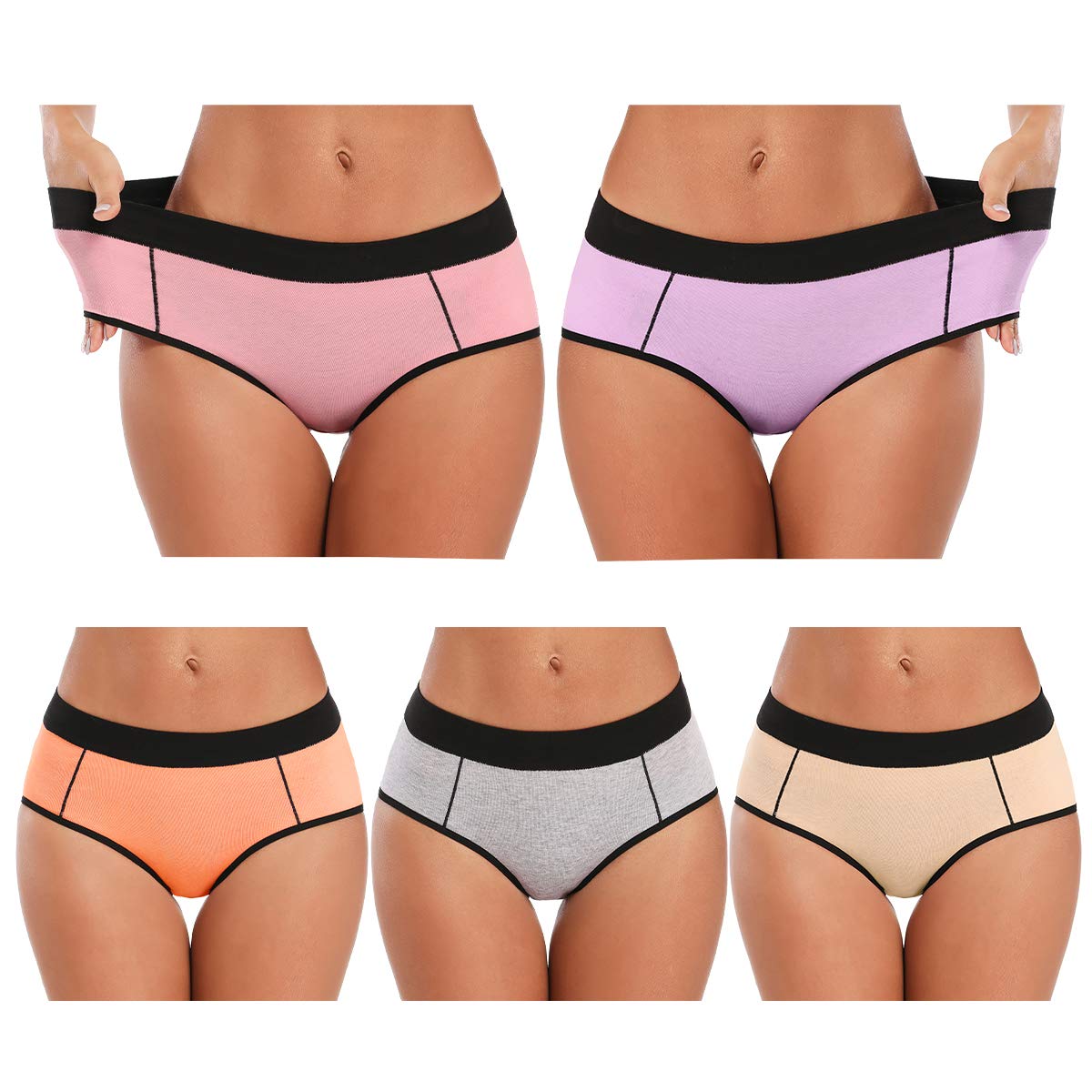 POKARLA Women's Cotton Stretch Underwear Ladies Mid-high Waisted Briefs Panties 5-Pack