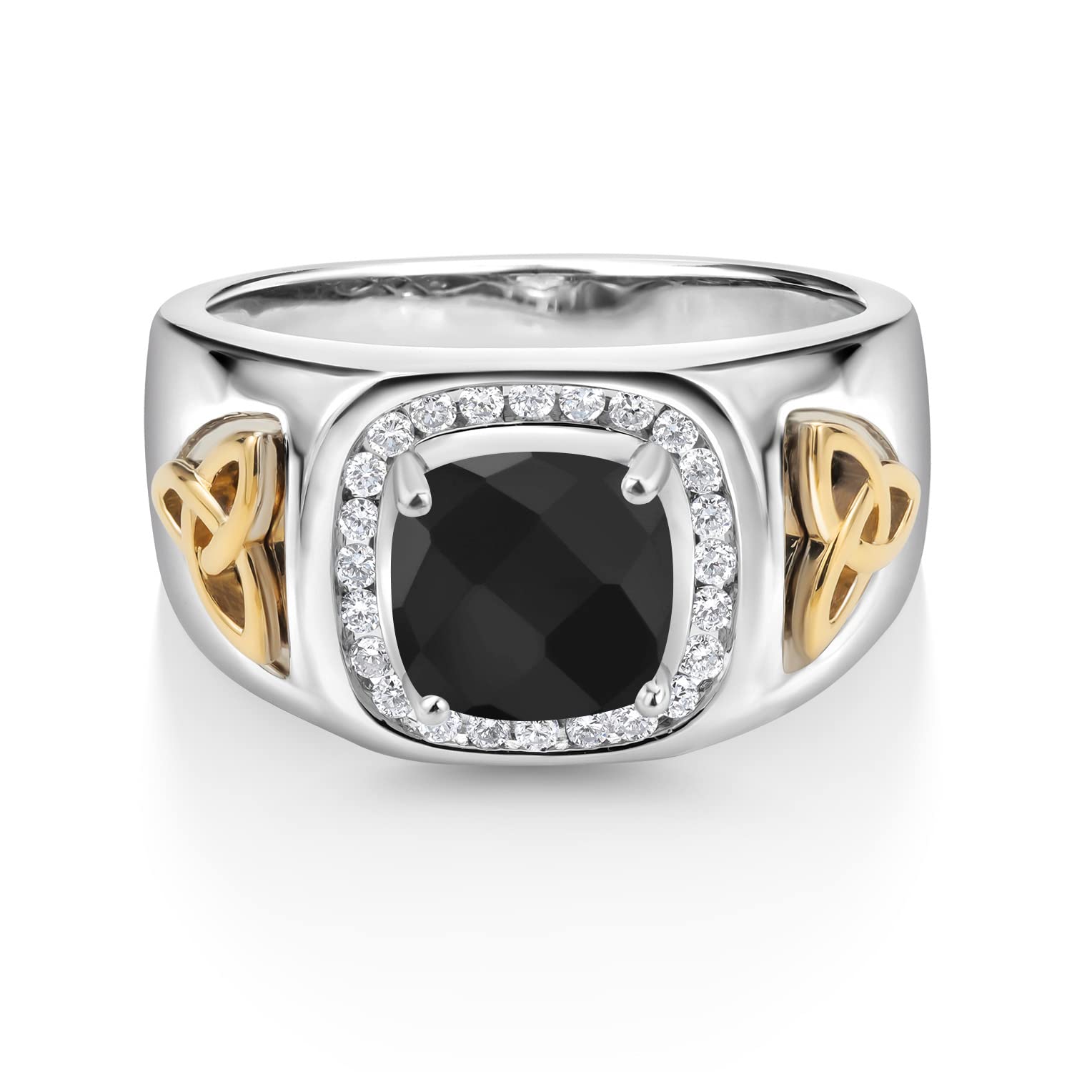 Gem Stone KingMen's 925 Sterling Silver and 10K Yellow Gold Black Onyx and White Lab Grown Diamond Ring (2.37 Cttw, Gemstone Birthstone, Available In Size 7, 8, 9, 10, 11, 12, 13)