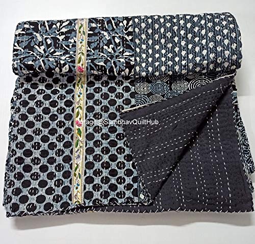 Sambhav Quilt Hub Black Indigo Print Less Cotton Handmade Handblock Quilted Blanket Indian Cottodspread Kantha Indigo Print Beork Bohemian Bed Decor Block Throw Blanket Twin/King/Queen (90X108 inch)