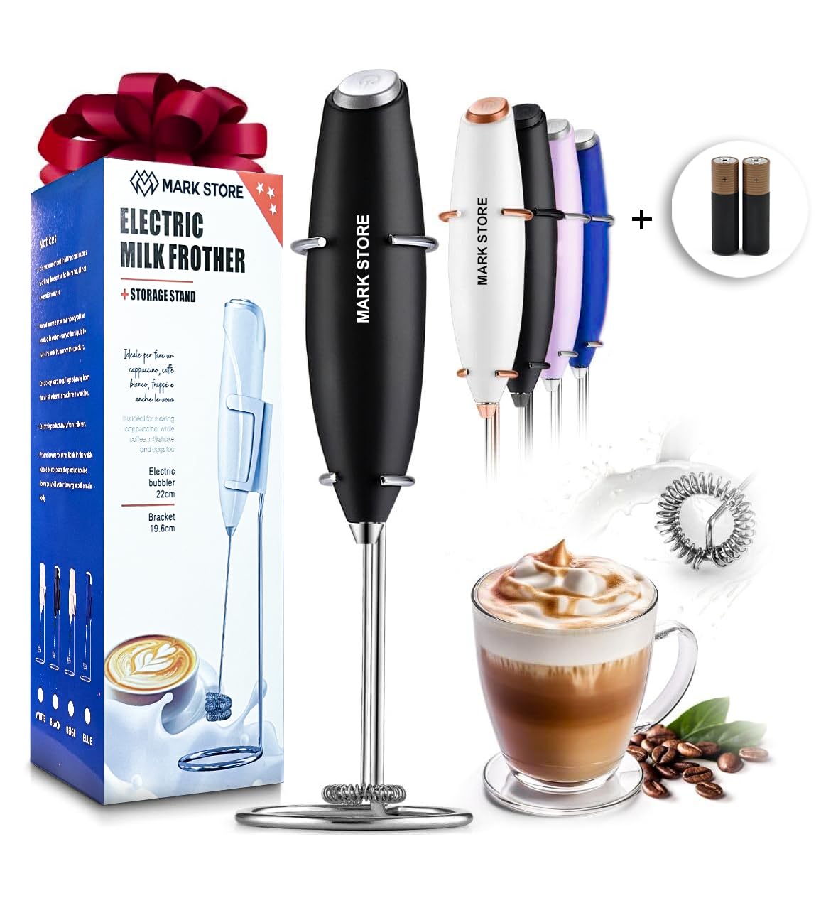 Powerful Milk Frother Wand (Battries Included) - Ultra Fast Handheld Drink Mixer - Electric Whisk Foam Maker for Coffee, Lattes, Cappuccino, Frappe, Matcha, Hot Chocolate & Coffee Creamer, Multicolor