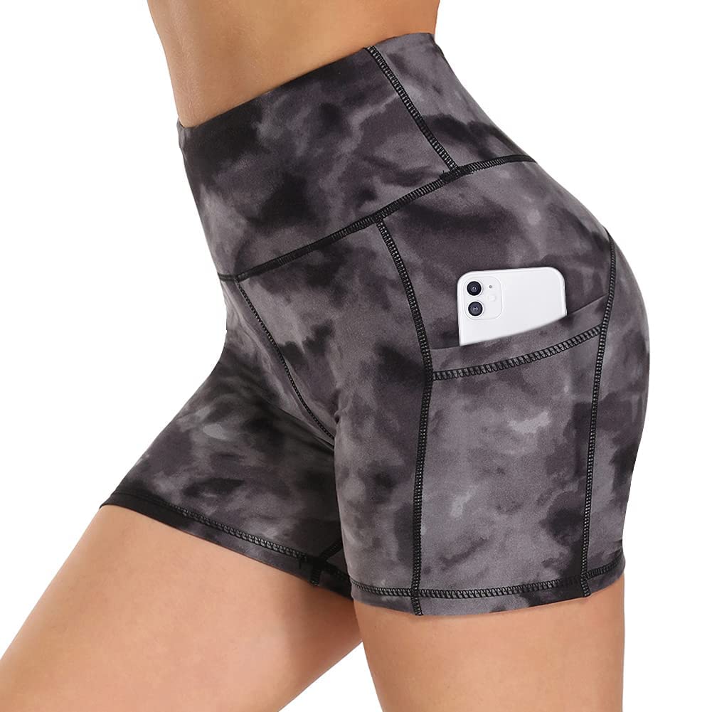 HLTPRO Spandex Biker Shorts for Women with Pockets, High Waisted Workout Gym Yoga Shorts, A-5''black Grey Dye, Medium