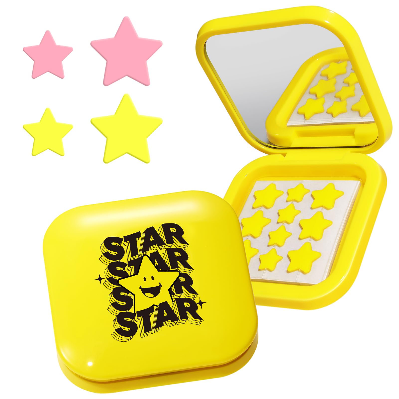 LitBearCute Case with Pimple Patches for Face, Little Compact with Pink & Yellow Star Hydrocolloid Acne Patch, Blemish Patches, Zit Patches (120 Count)