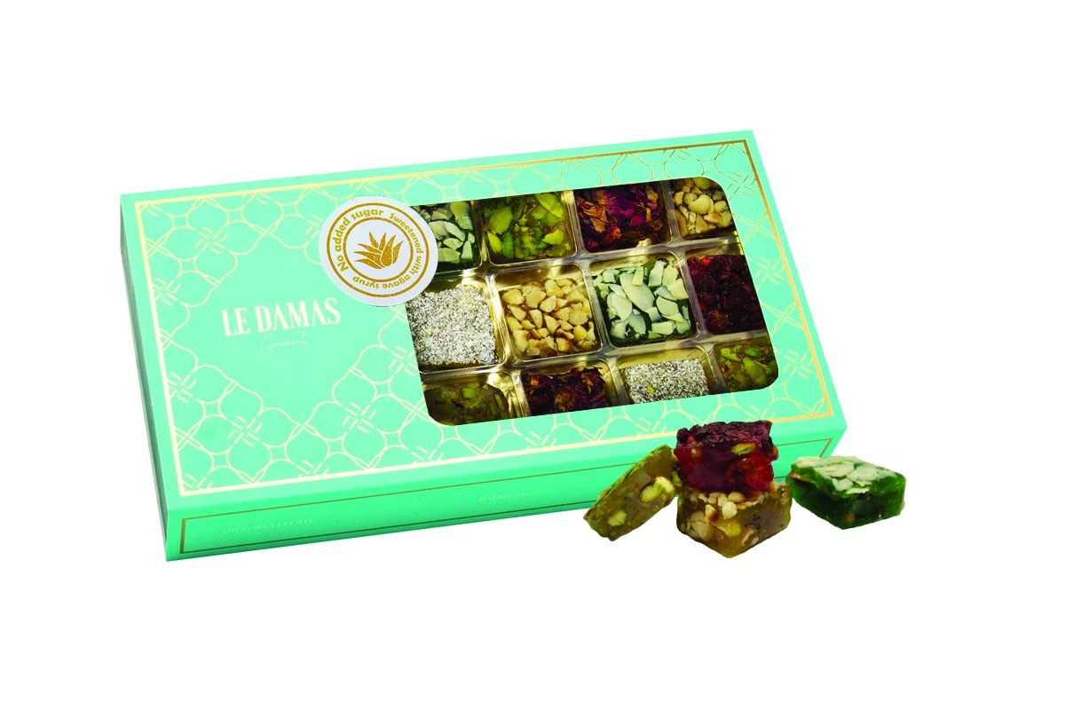 Le Damas SweetsSyrian Raha, Turkish delights no added sugar, natural fruit sugar, premium quality, Halabi pistachios 375G