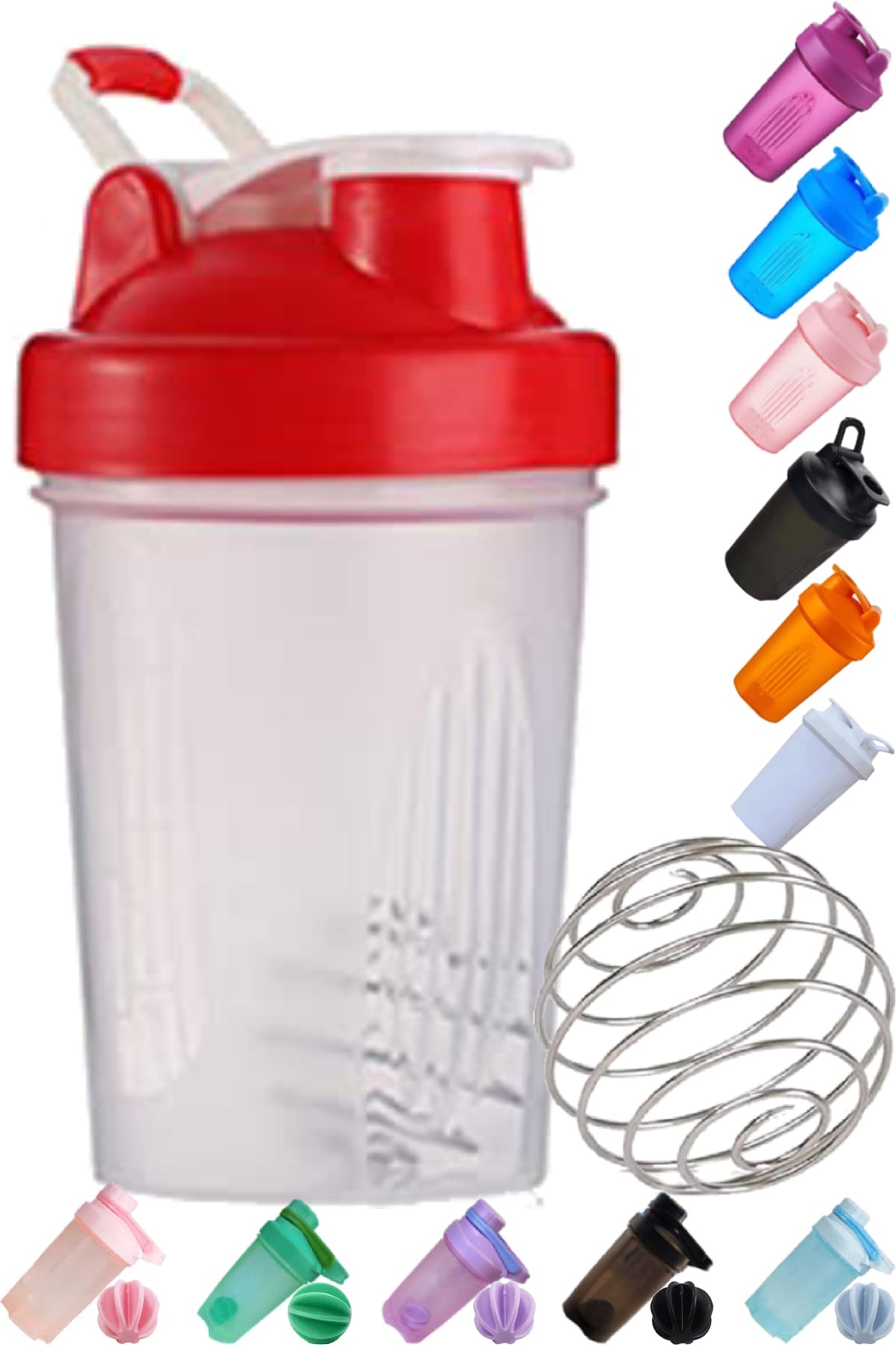 Shaker Bottle A Small Clear w. Red Lid,12Oz/400ml Measurement Marks & Stainless Whisk Blender Mixer Ball,BPA Free,Made of PP5,Perfect for Nutrition/Protein/Keto/Juice Powder Shaking, (WTL8U)