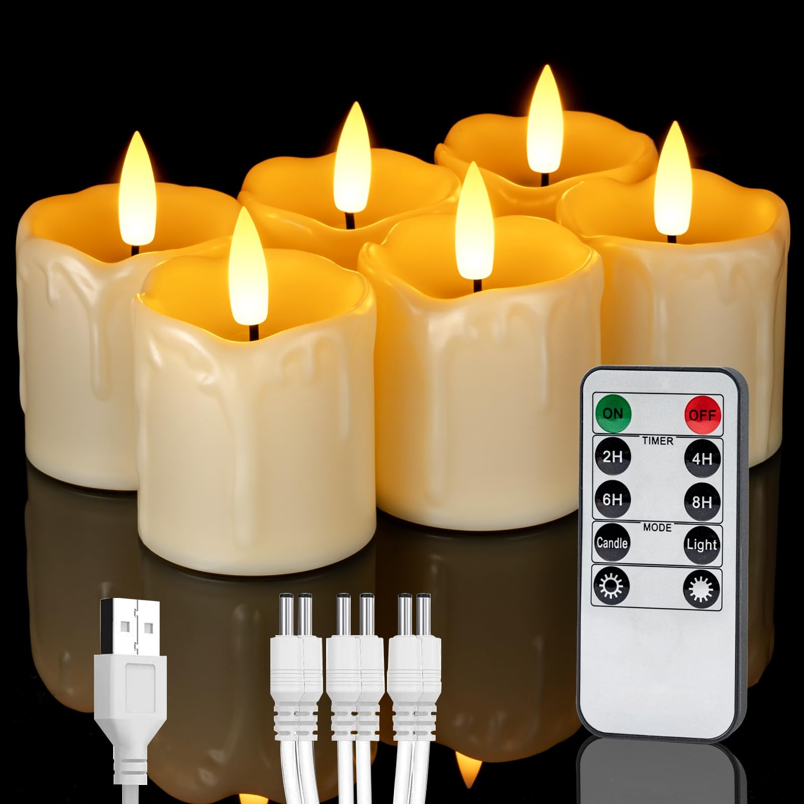 Homemory Rechargeable Flameless Candles with Timer Remote, 2" x 2" Realistic Battery Operated LED Votive Tea Lights, 6Pack Electric Fake Candle in Warm White (USB Charging Cable Included)