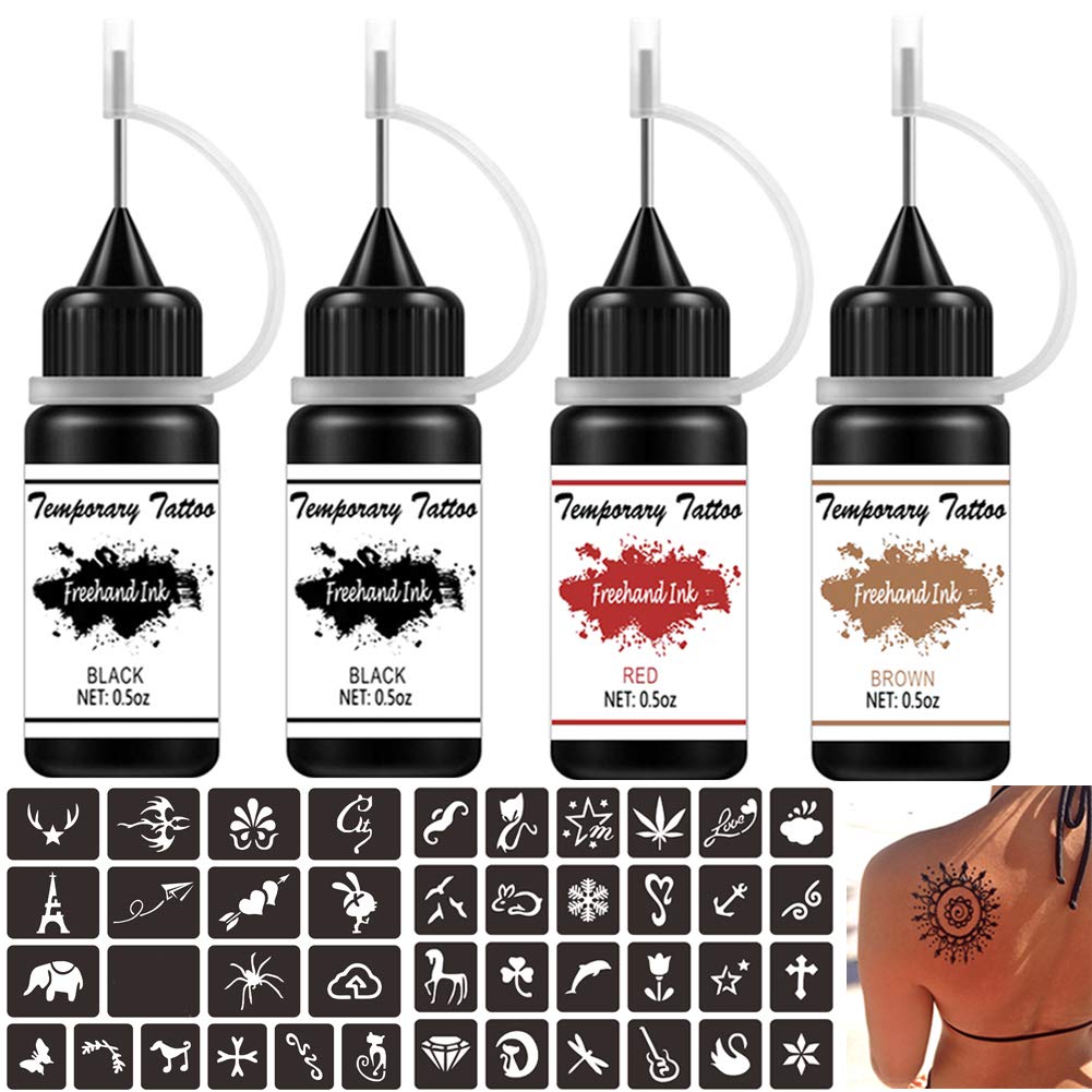 TOFD Temporary Tattoo Kit Freehand Ink Semi Permanent Tattoo Jagua Gel Temp Tattoos for Women Kids Men Body Art Painting DIY Tattoos Fake Freckles 30 Pcs Free Tattoo Stencils - Full Kit 4 Bottles 2oz