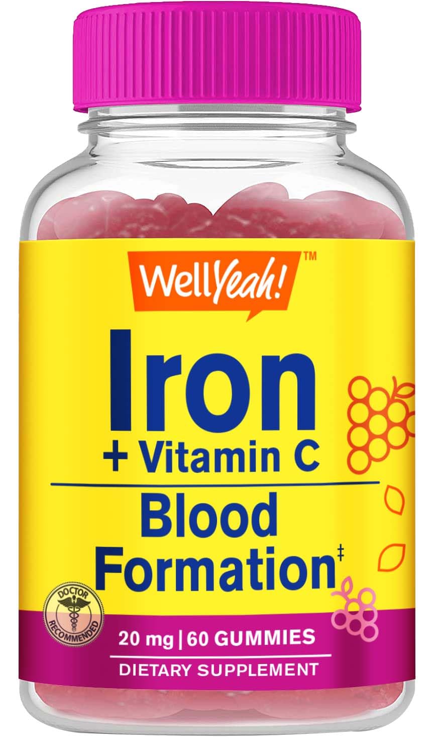 Iron Gummies with Vitamin C -Anemia and Cellular Energy Support, Promotes Red Blood Cell Formation - Energy & Immune System Support -Natural Grape Flavor-60 Gummies