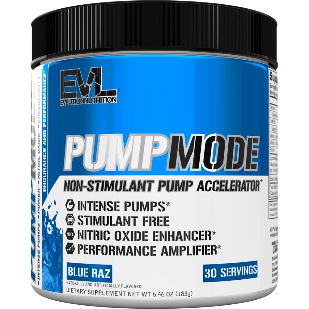 EVL PumpMode Nitric Oxide Supplement - Nitric Oxide Booster Pump Pre Workout Powder with Glycerol and Betaine for Muscle Recovery Growth and Endurance - Stim Free Pre Workout Drink (Blue Raz)