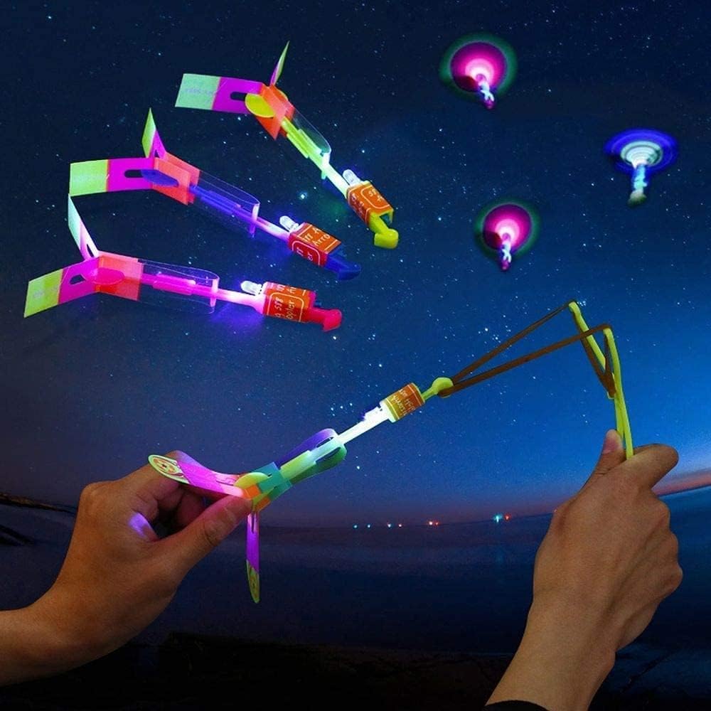 Rocket Slingshot Copters with LED Lights for Kids – Fun Glow-in-the-Dark Flying Toys – Perfect for Nighttime Fun, Outdoor Play, Birthdays, and Party Favors (12 Pcs)