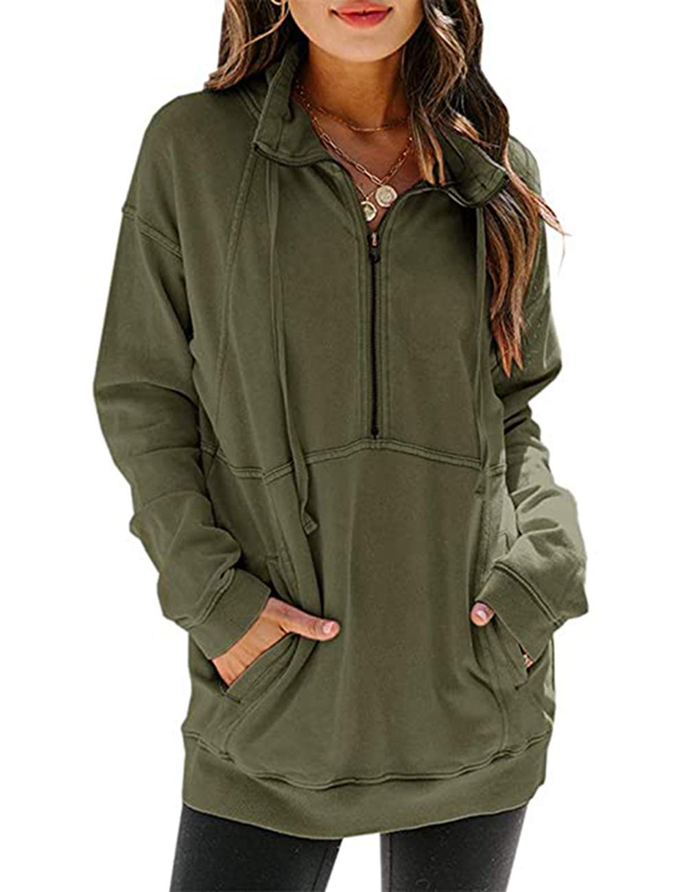 MUCOOWomen's Casual Long Sleeve Half Zip Sweatshirts Stand Collar Pullover Tunic Tops with Kangaroo Pockets