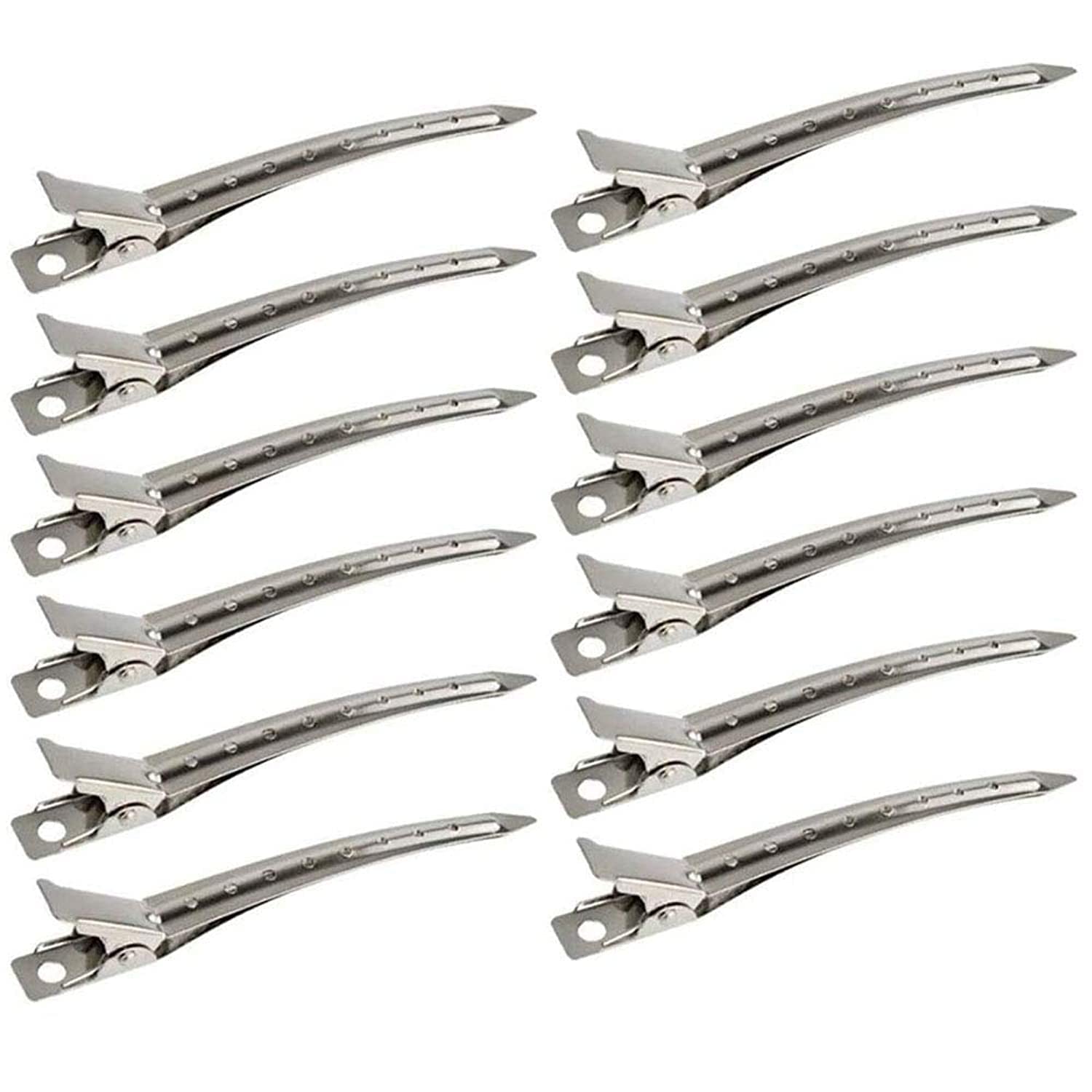 HotsUAE 12 Packs Duck Bill Clips, 9cm Rustproof Metal Alligator Curl Clips with Holes for Hair Styling, Hair Coloring, Silver