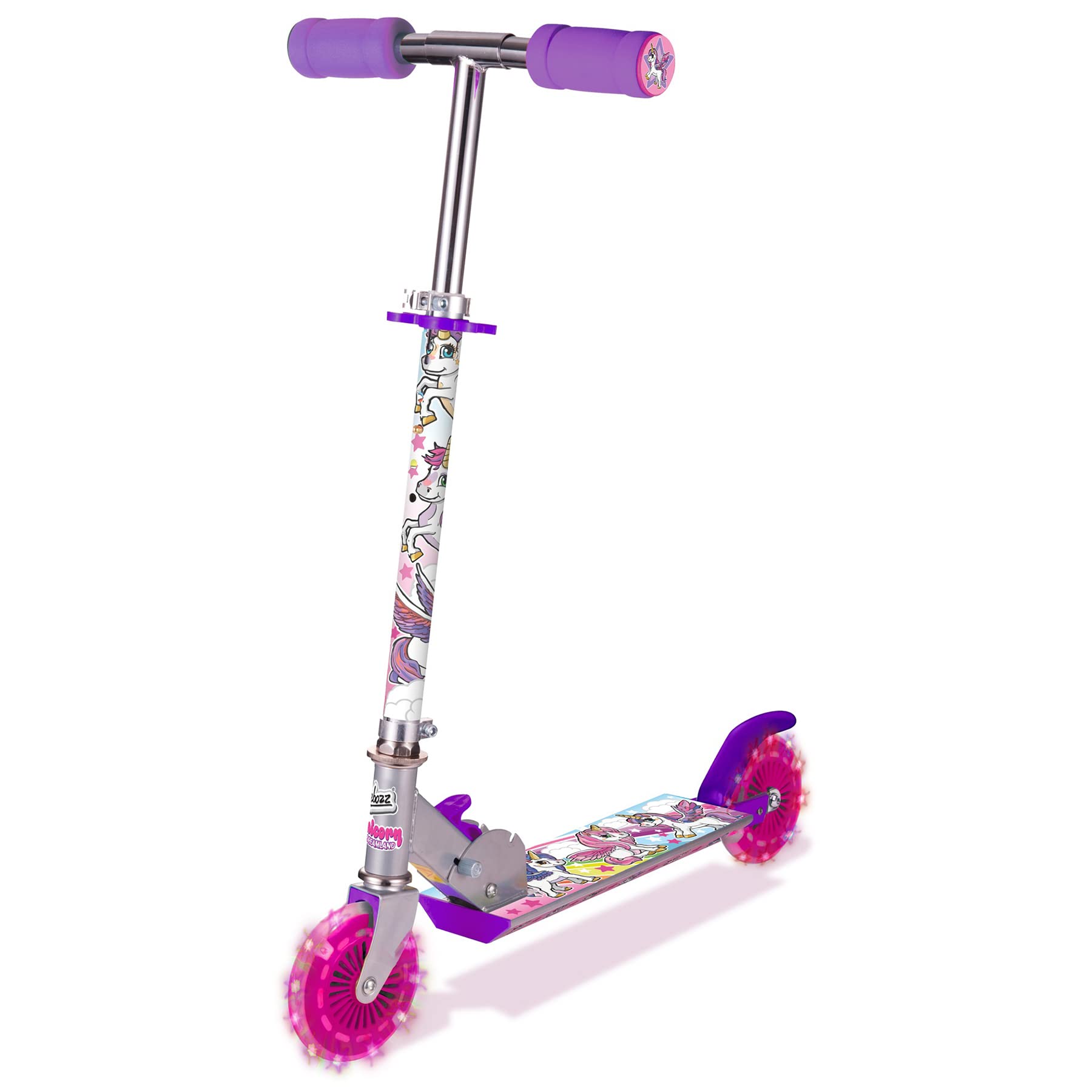 OZBOZZSV13988 Unicorn Scooter with 2 Light up Wheels, Pink Purple Silver