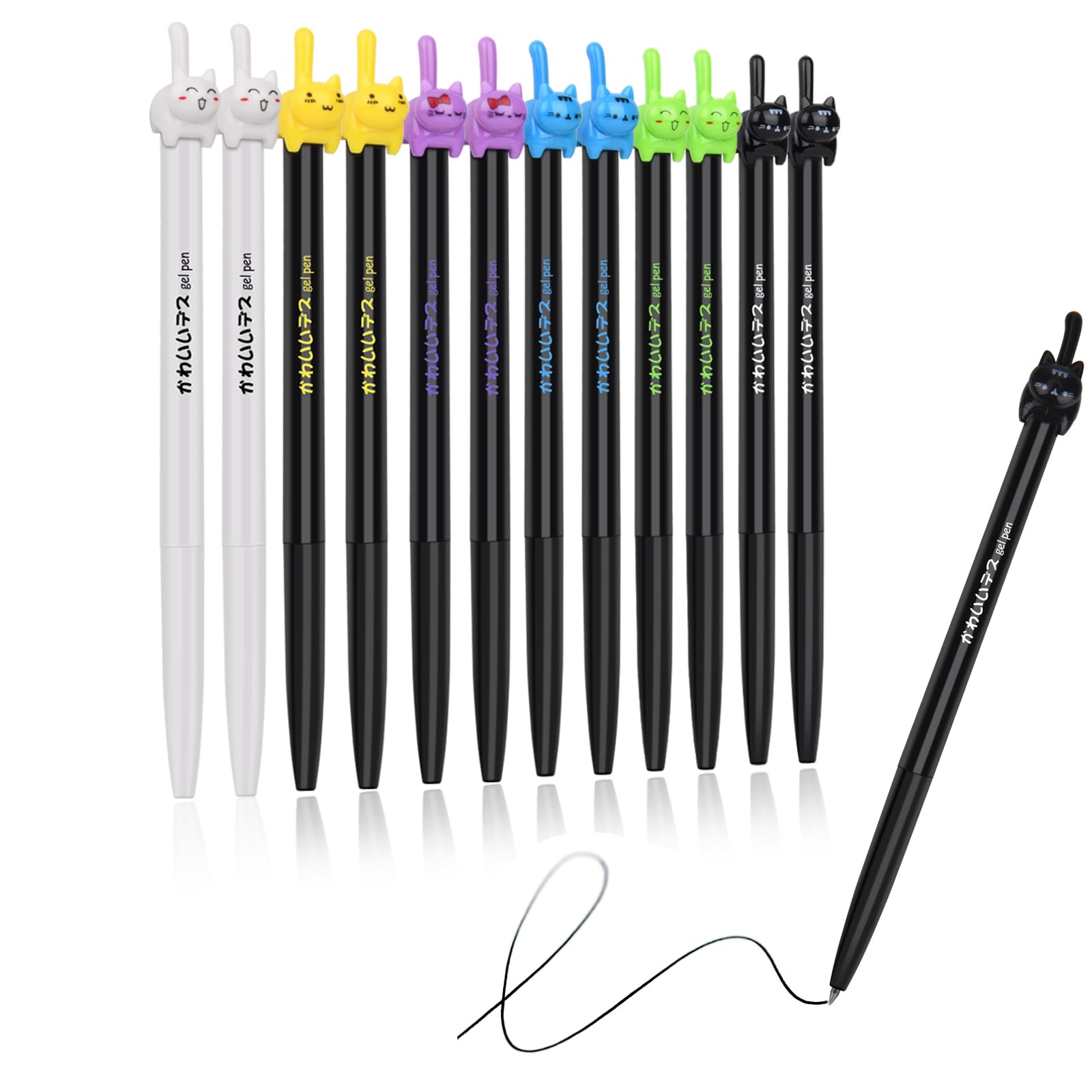 retractable cat gel pens,Fine Point 0.5mm black ink,Cute kitty fun ball point pens for girls kids School Office Supplies,12pcs fun pens.