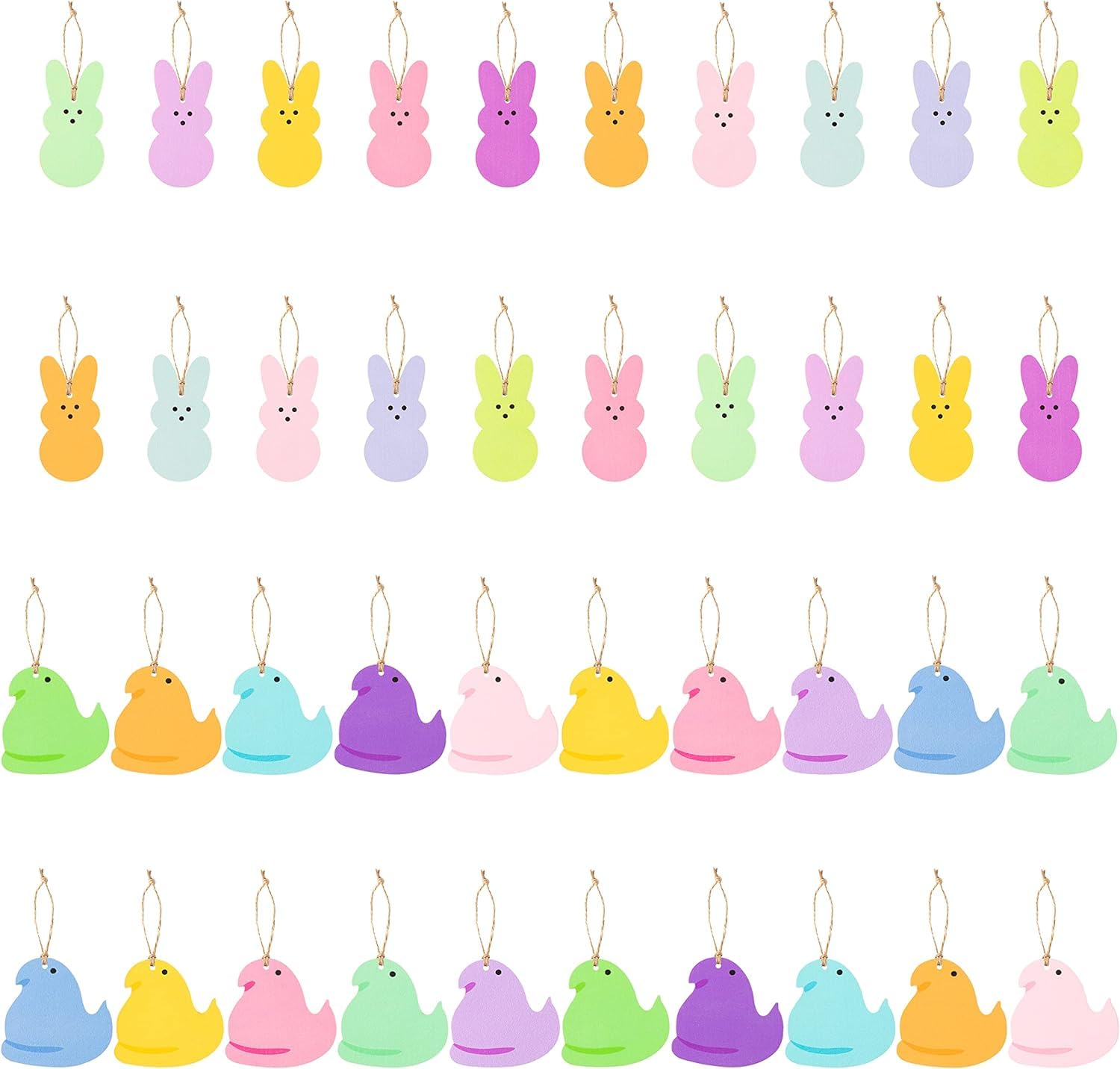 PANTIDE40 Pieces Easter Peeps Chick Rabbit Wooden Hanging Ornament Set Candy Colour Rabbit Chicken Pendant with String Birthday Gift Hello Spring Party Decoration Accessories