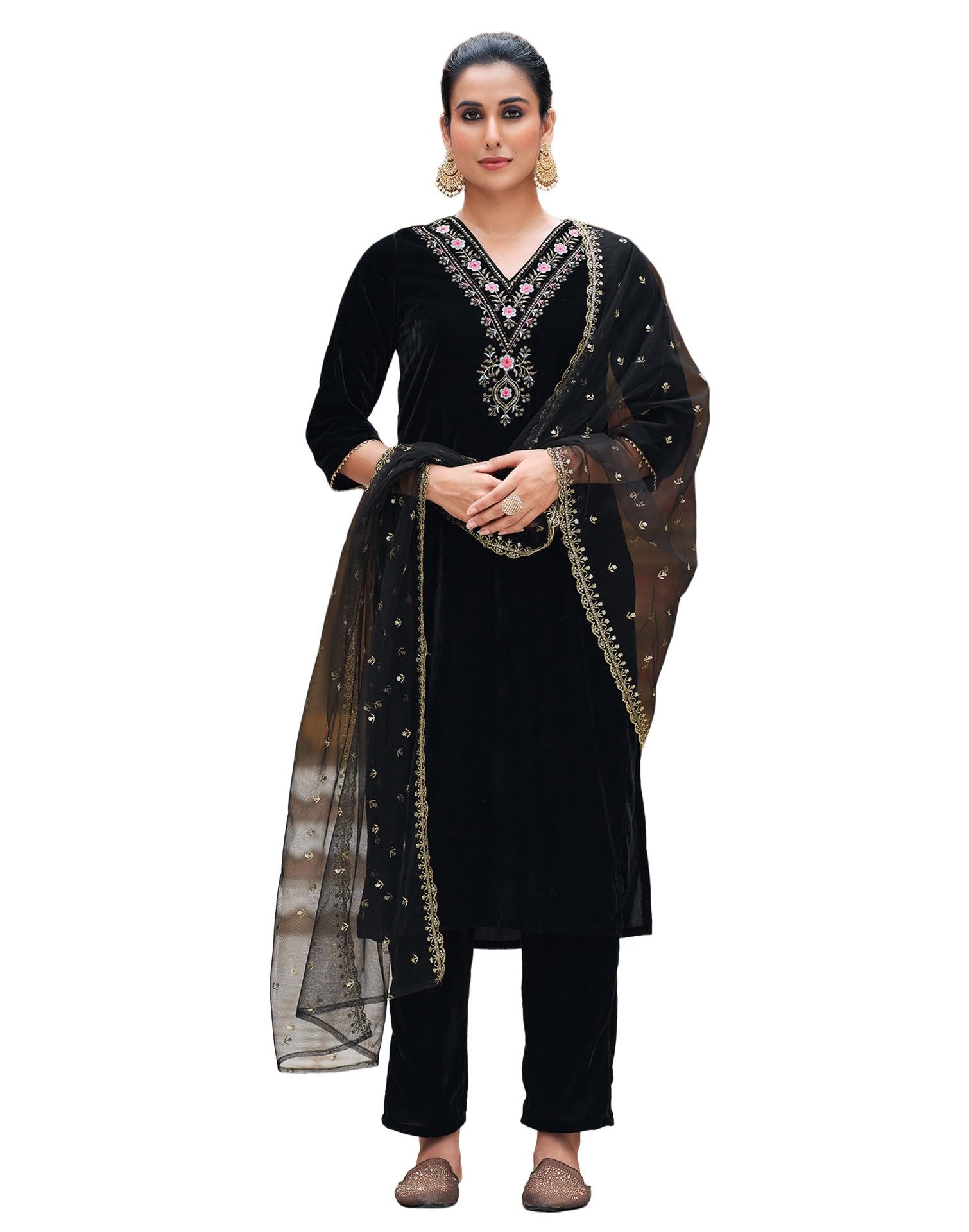 SIRILWomen's Velvet Sequence Embroidery Straight Kurta Pant with Dupatta Set