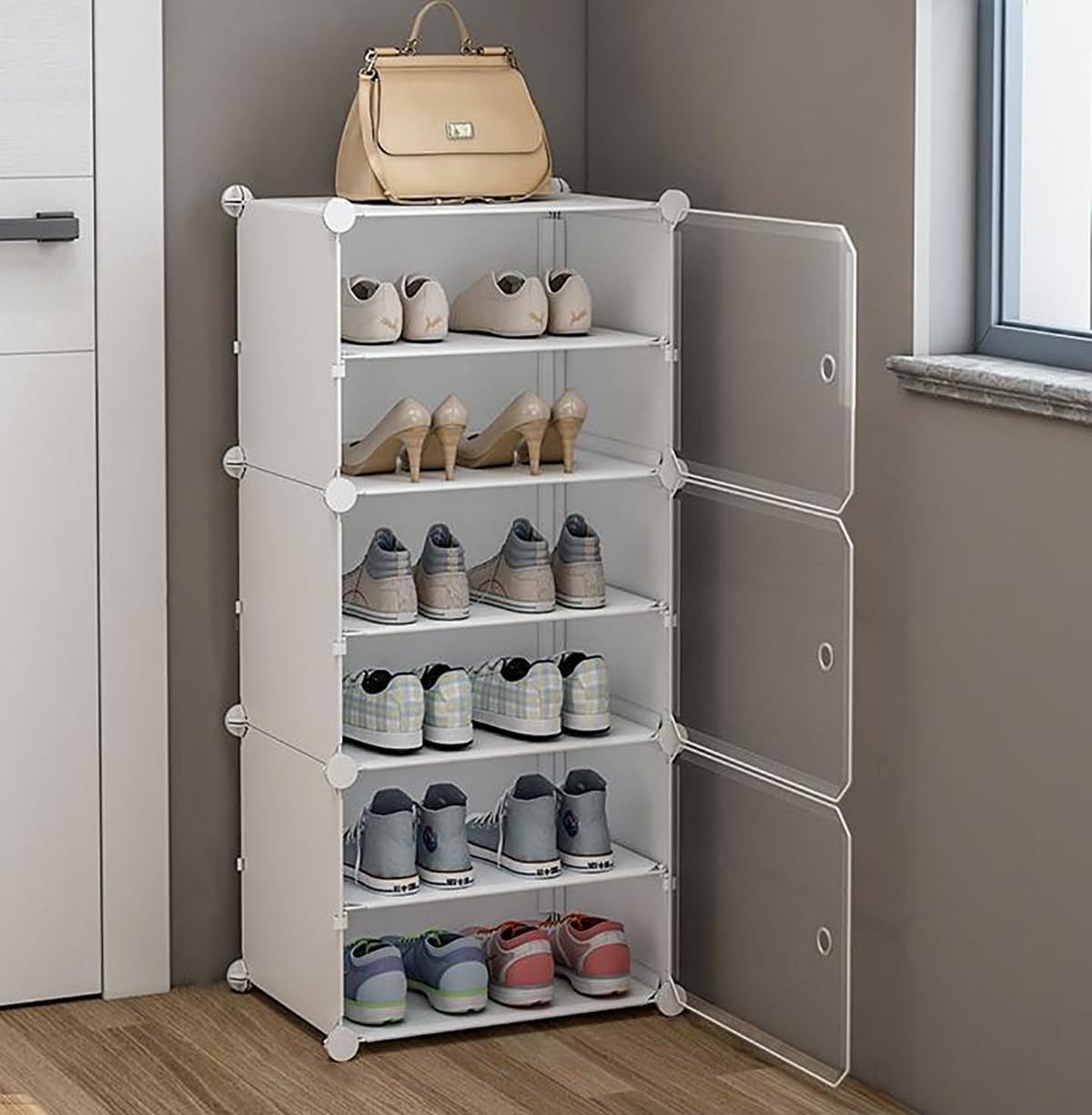 Oumffy Shoe Rack for Home Plastic, 6 Layers Shoe Organizer with Doors, Plastic Shoe Storage Cabinet Shelves Organizer/Multi-Purpose for Bedroom, Entryway, Steel Frame, Plastic Panel (6 Layers, White)