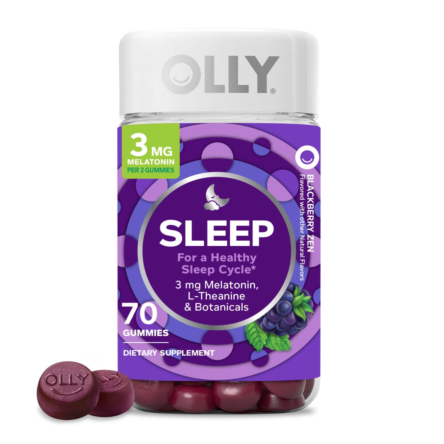 OLLY Sleep Gummy, Occasional Sleep Support, 3 mg Melatonin, L-Theanine, Chamomile, Lemon Balm, Sleep Aid, Blackberry - 70 Count