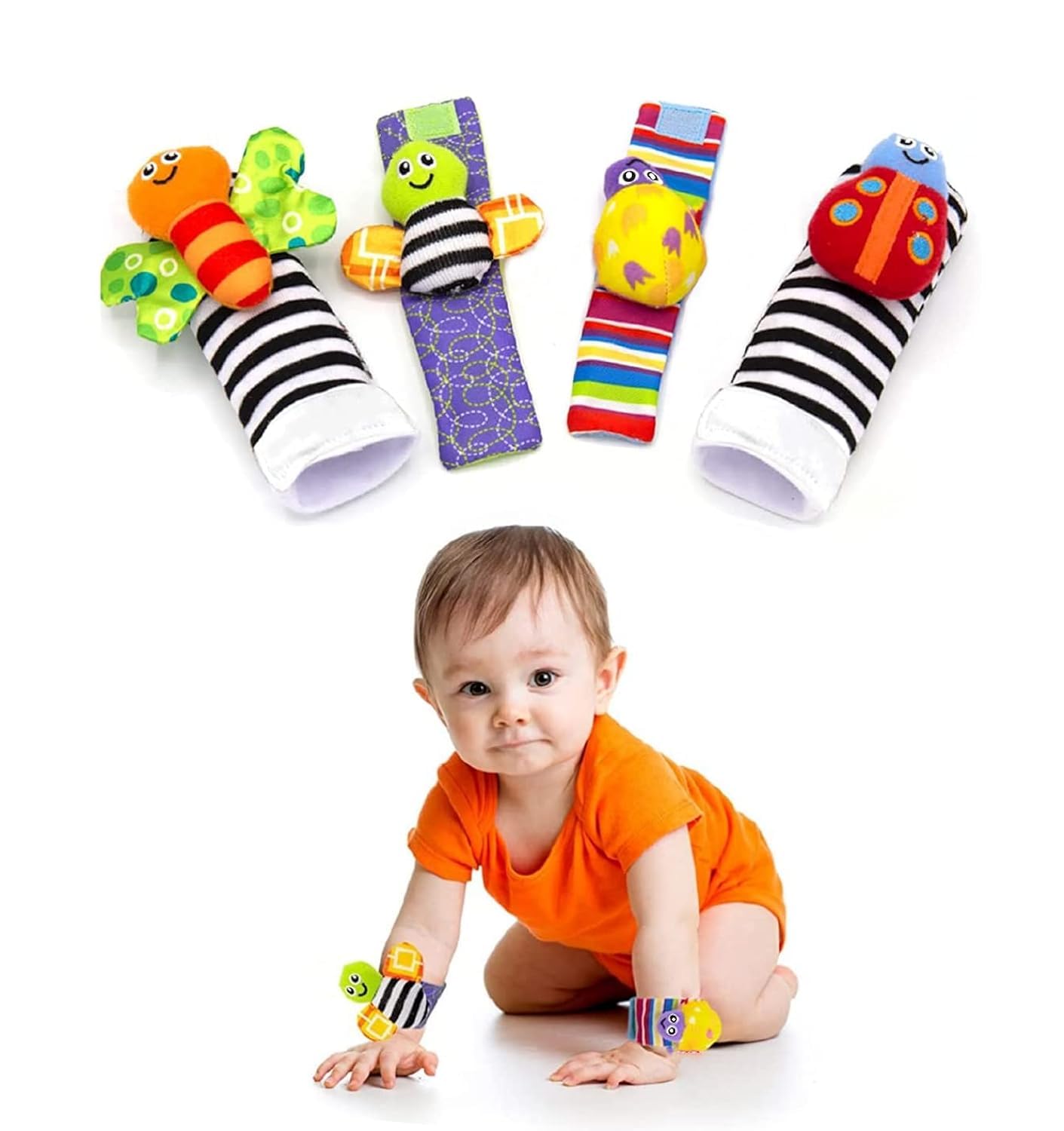 SKY TOUCH SKY-TOUCH Baby Rattles Toys Wrist and Socks 4pcs, Cute Baby Animal Development Toy Gift for Newborn Babies Foot Finder Sensory Set, Toys for Boys Girls 0-3-6-12 Months