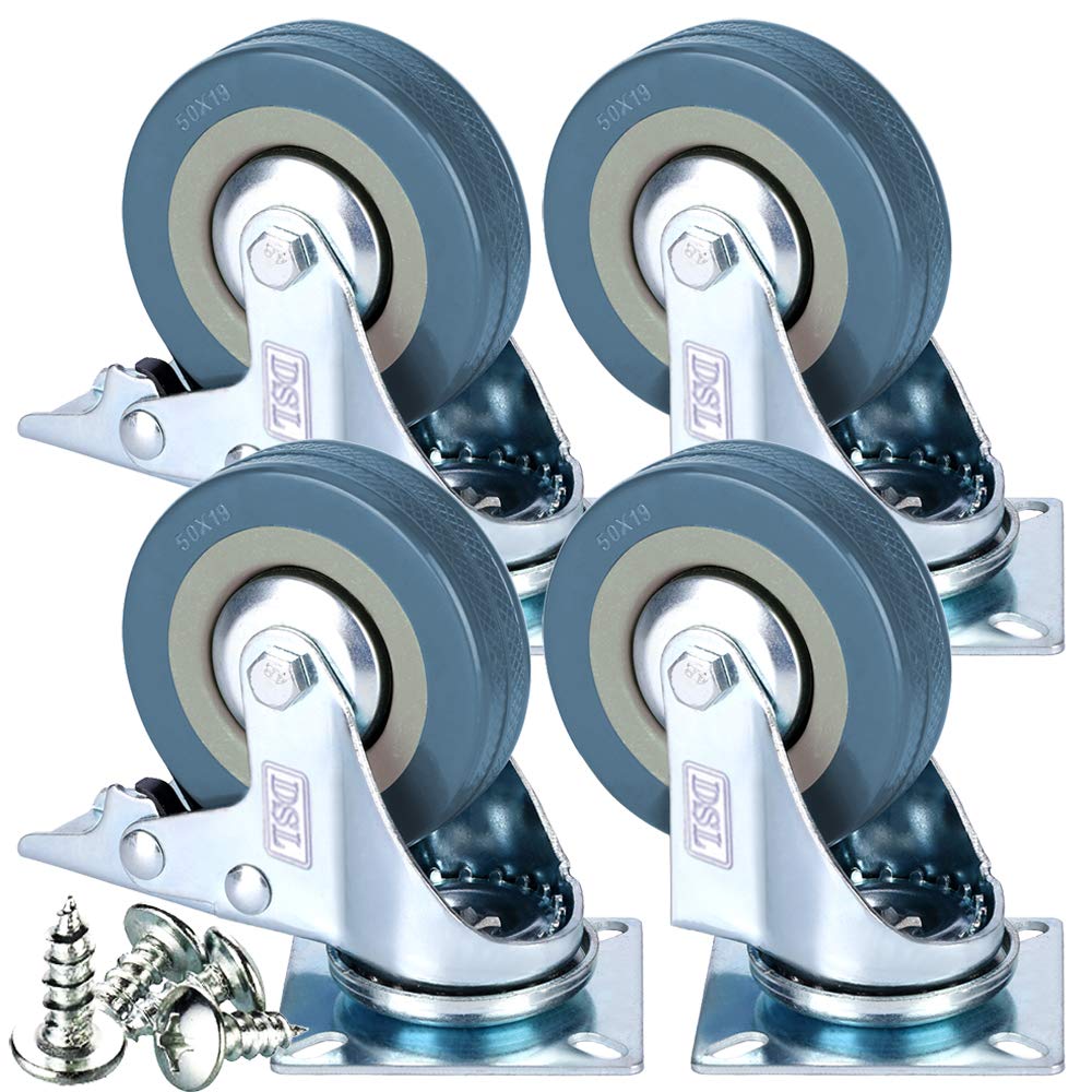 DSL Heavy Duty Braked 50mm Swivel Castor Wheels Trolley – Caster Wheels Set of 4 – Rubbered Castors for Furniture – Upto 200KG + Free Fitting