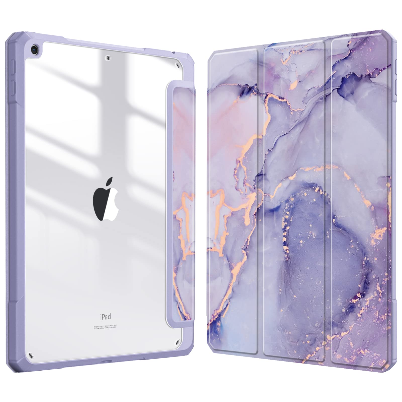 FINTIE Hybrid Case Compatible with iPad 9th / 8th / 7th Generation (2021/2020/2019 Release) 10.2 inch - Shockproof Cover with Clear Back Shell w/Pencil Holder, Auto Wake/Sleep, Purple Marble