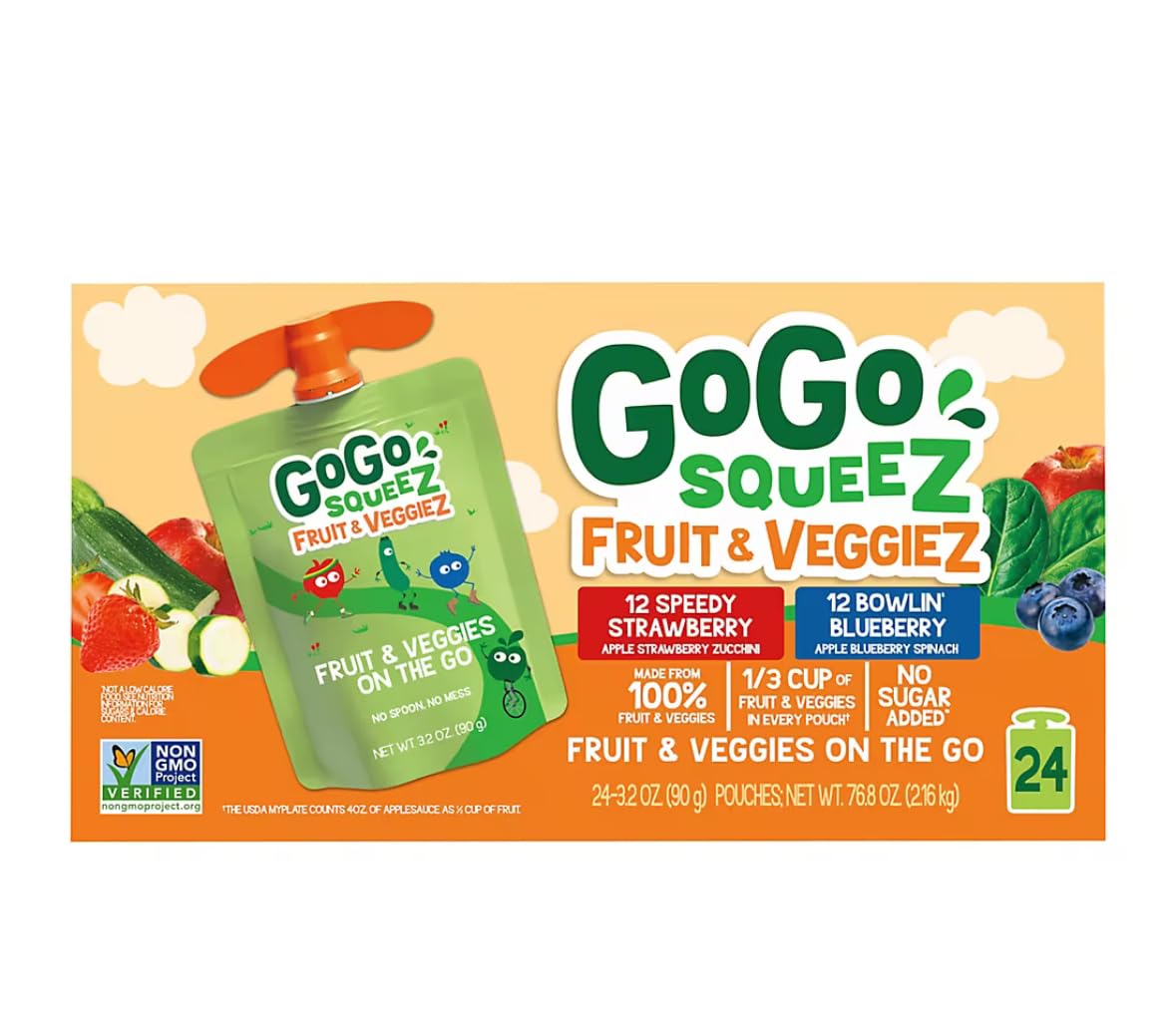 GoGo SqueeZFruit & VeggieZ Speedy Strawberry & Bowlin' Blueberry Applesauce Pouches (3.2 oz., 24 ct.) With TheOrangeGoat StoreFront Card