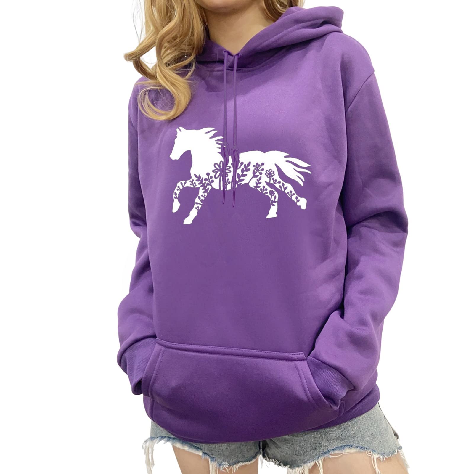 NANAKI Horse Hoodie for Women Long Sleeve Floral Horse Print Crew Neck Sweatshirt Casual Loose Pullover Tops Farm Shirts