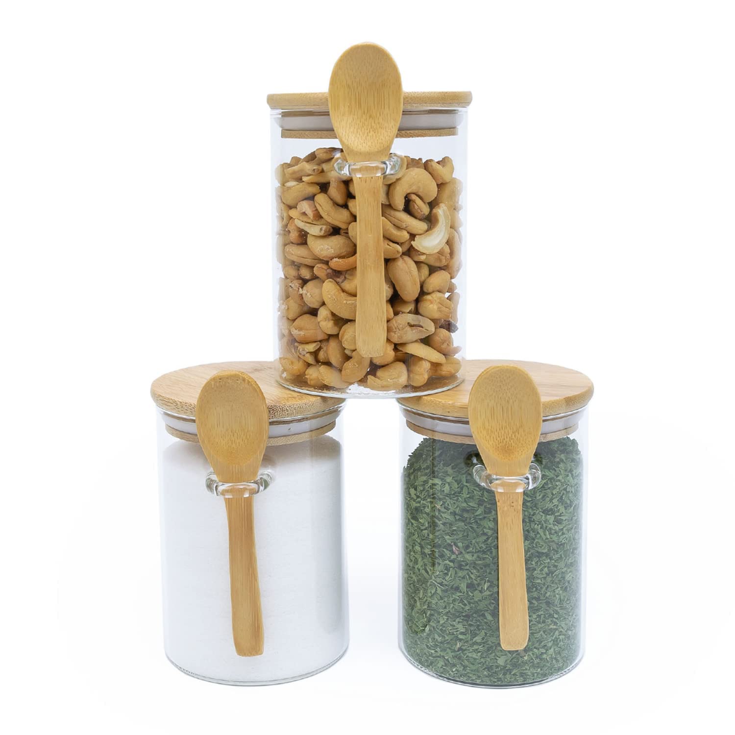 Set of 3 Airtight Glass Jars with Bamboo Lids & Bamboo Spoons - Decorative & Durable 505 ml Borosilicate Glass Canisters Hold Coffee Beans, Tea, Flour, Sugar, Nuts, Candy, Bath Salts & More