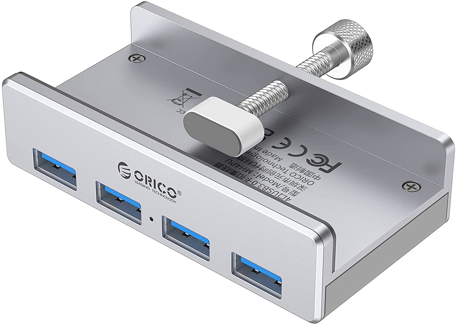 ORICO USB 3.0 HUB, Monitor-Edge and Desk-Edge USB 3.0 4-Port Clip-Type Hub, Extra Power Supply, Space-Saving, Compact USB 3.0 Clamp Hub with Type C and USB Cables, Ultra-Portable Travel Hub for Laptop