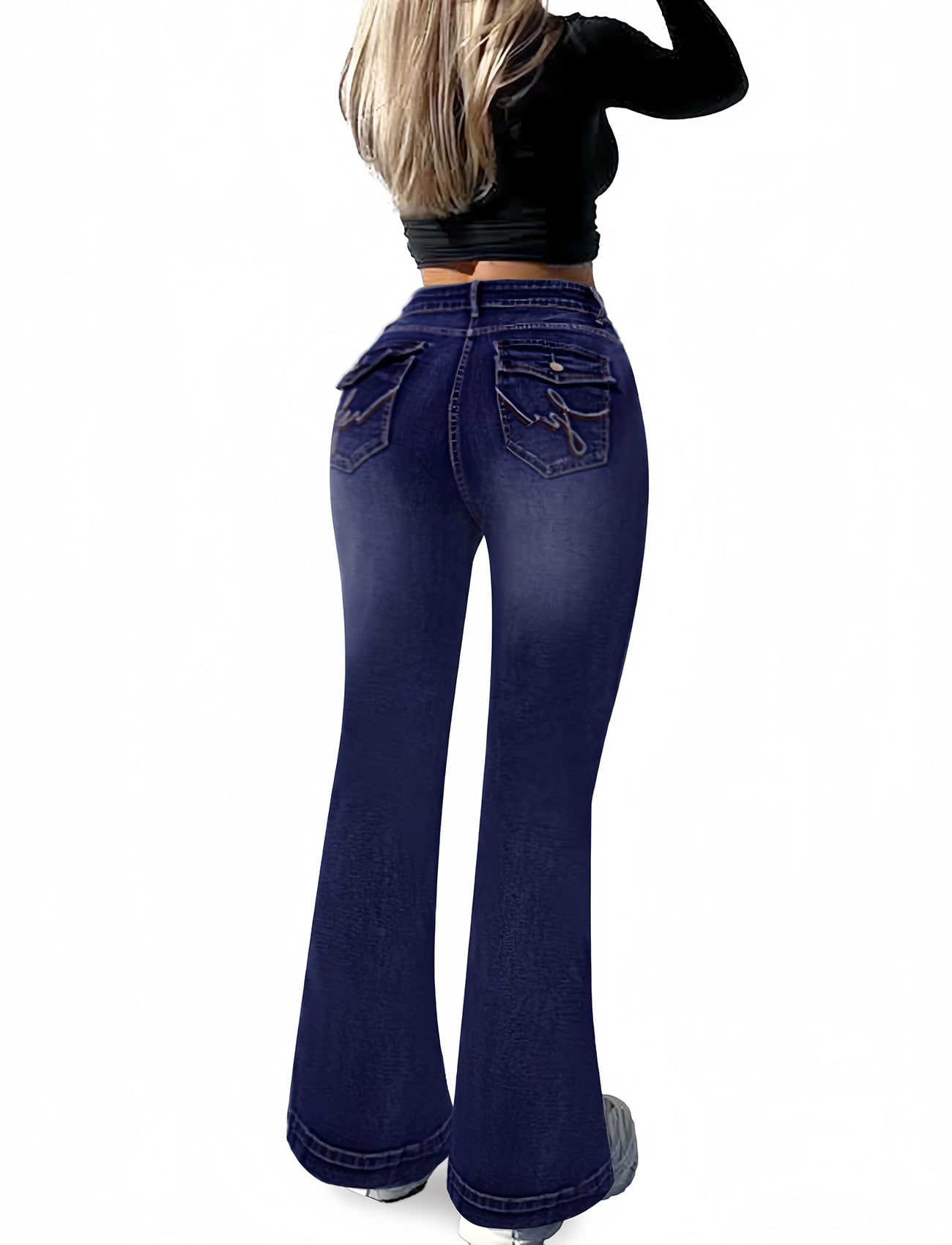 Butt Lifting Bootcut Jeans Tummy Control Trendy Flare Leg Jeans for Women Casual Flap Pockets Denim Pants