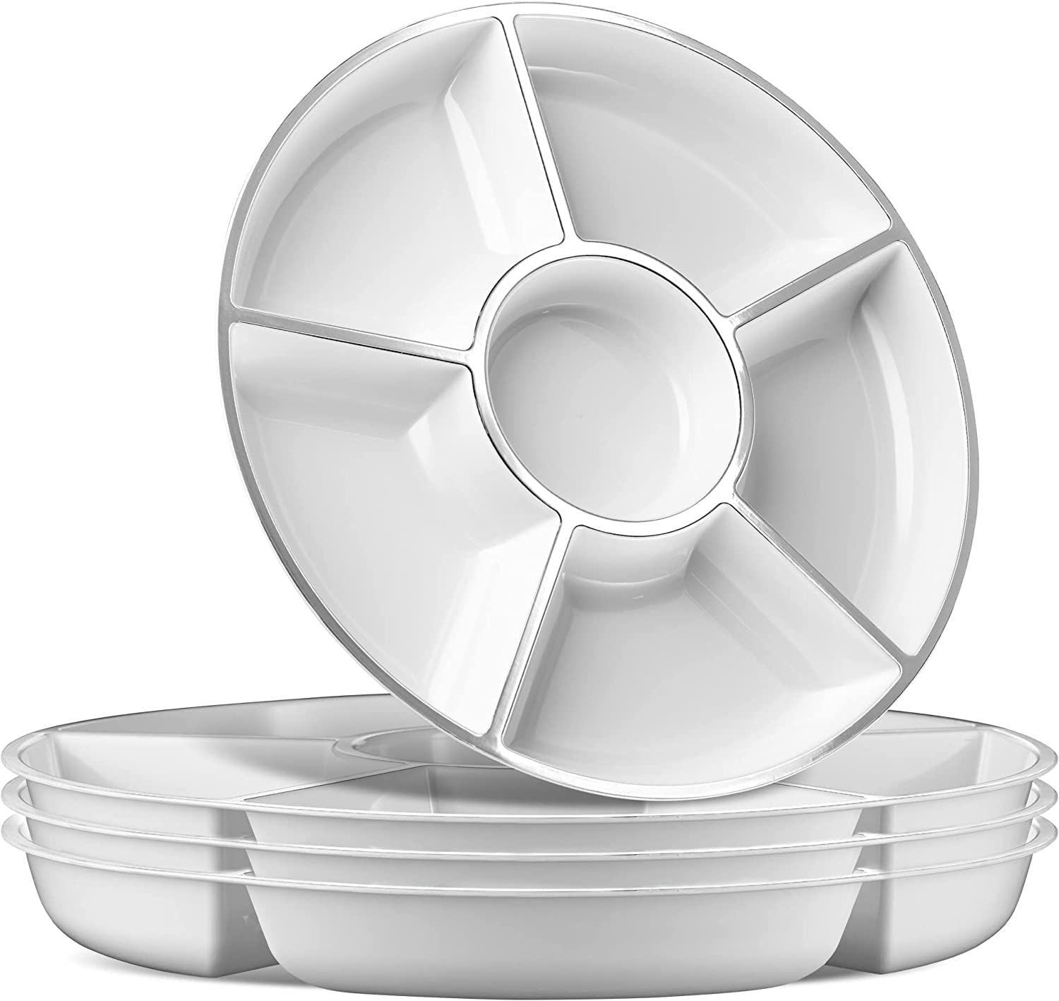 Gikisla 4 Pack White Compartment Trays with Silver Rim, 12'' Round Serving Platters for Parties, 6 Sectional Round Plastic Serving Tray for Chips and Dip, Veggies, Candy and Snacks