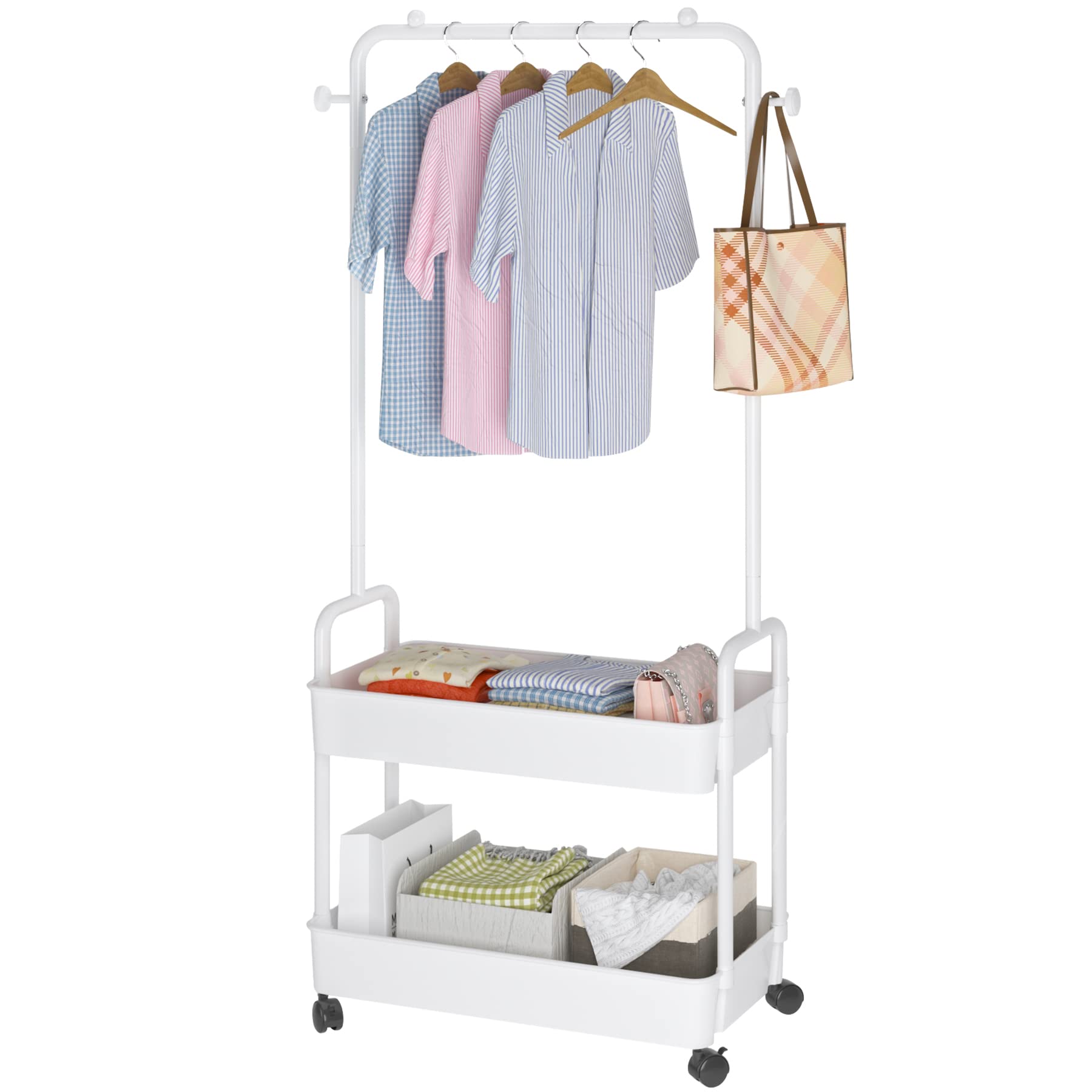 Metal Clothing Racks, Freestanding Trolley Coat Rack With Wheels,Garment Rack For Storage，Clothes Rack,Heavy Duty Clothing Rack,Garment Racks With 2 Tier Plastics Storage Shelf,White