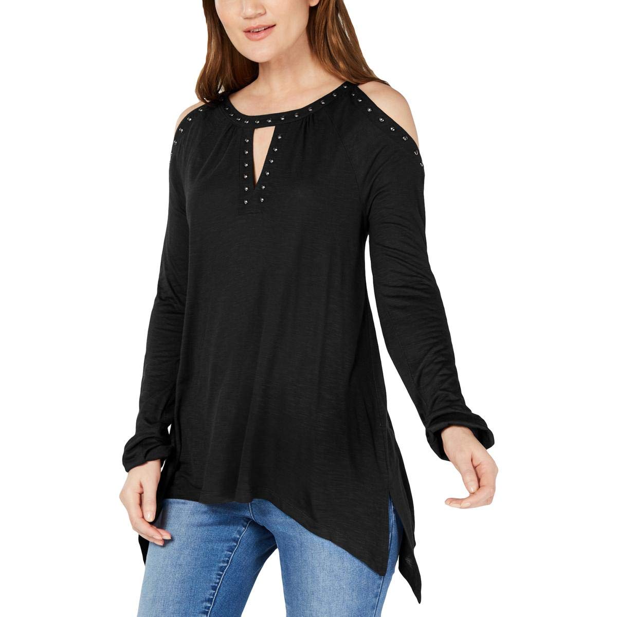 INC International Concepts Womens Studded Cold Shoulder Handkerchief Top Black