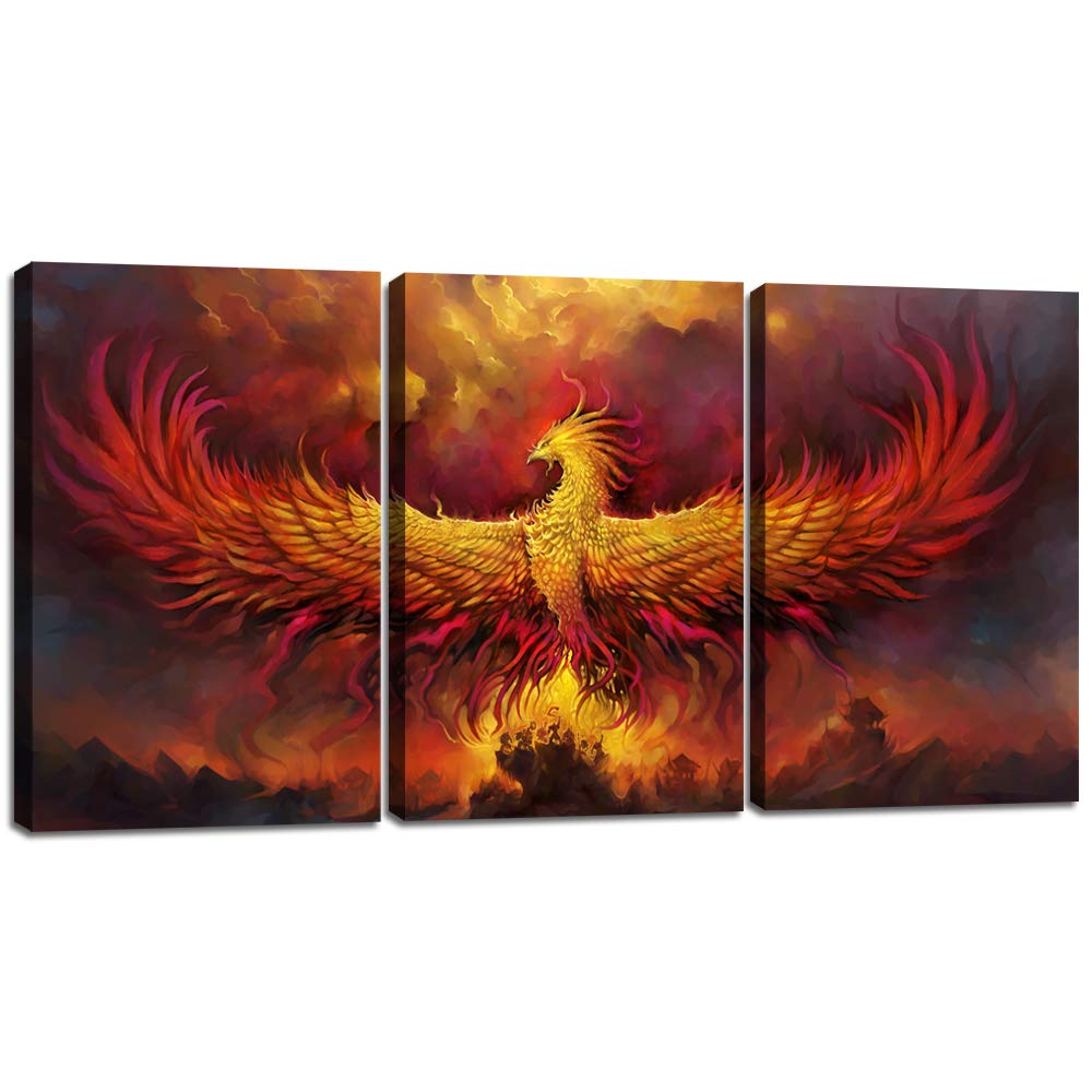 Yetaryy Fantasy Wall Art Canvas Prints Golden Red Burning Phoenix Volcanic Ancient Mystic Animal Birds Living Room Bedroom Home Decor Wall Decoration 3 Panels Wood Framed Poster - 48" W x 24" H