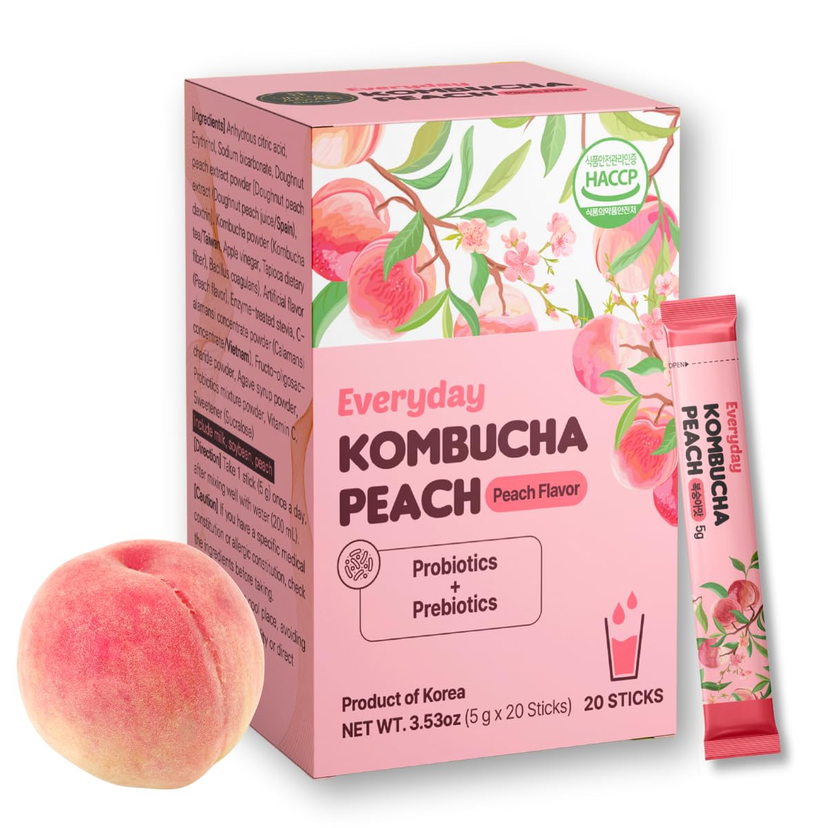 Unha's Everyday Kombucha Tea Powdered Beverage, 20 Sticks, Sparkling Powder Drink, Prebiotics, and Probiotics Sugar-Free - Peach Flavor