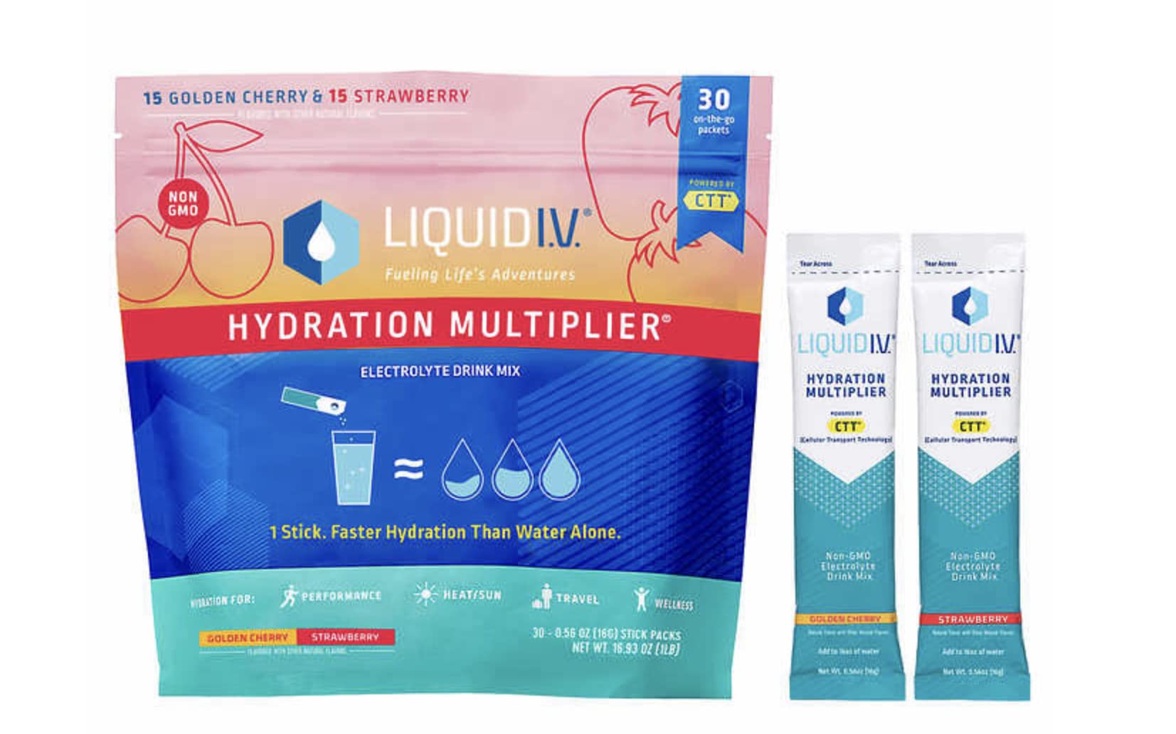 Liquid I.V.Hydration Multiplier, 30 Individual Serving Stick Packs in Resealable Pouch Flavor : Golden Cherry & Strawberry (1)