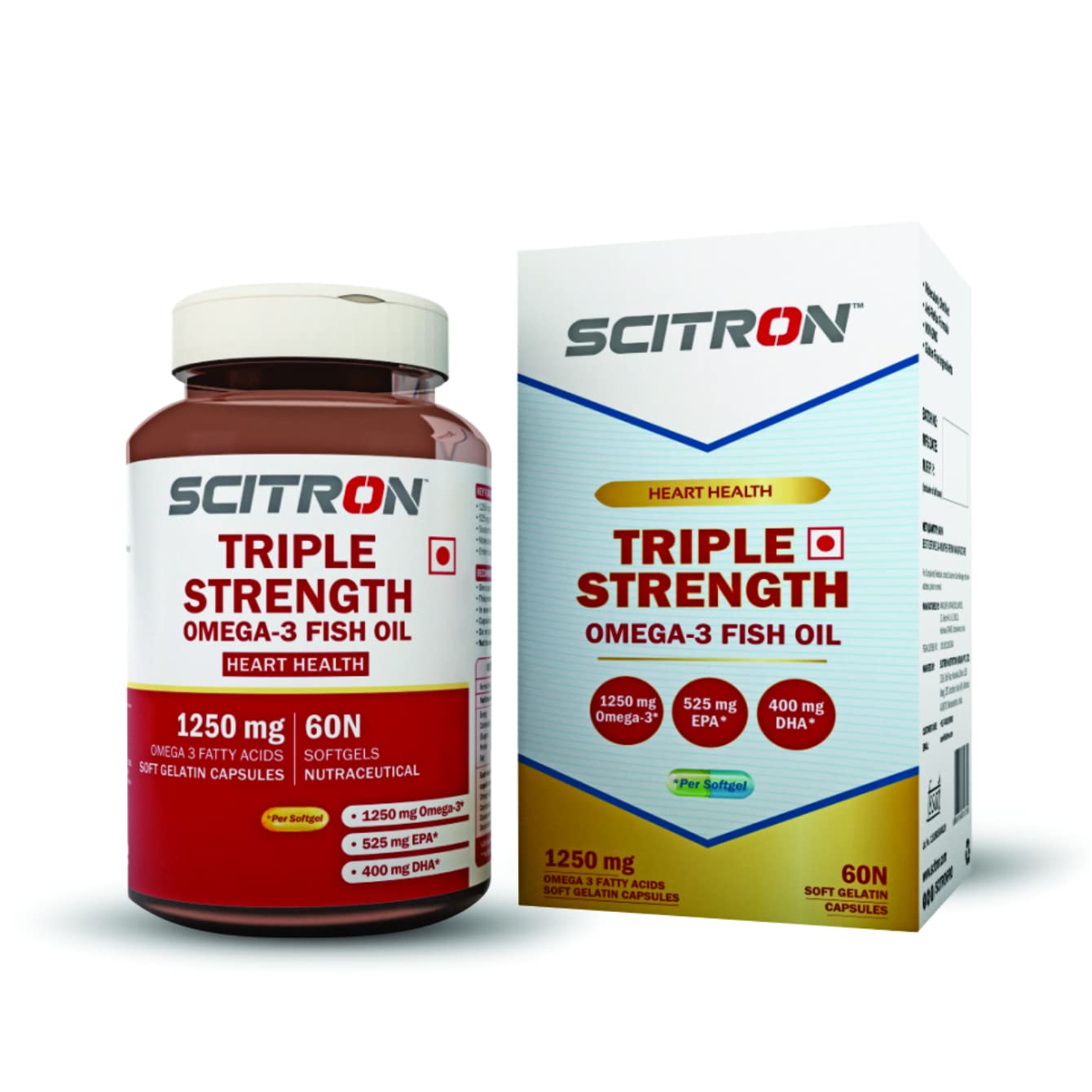 Scitron Triple Strength Omega-3 Fish Oil (1250mg Omega-3 Fatty Acid, 525mg EPA, 400mg DHA) Enteric Coated -Pack of 60 Softgels