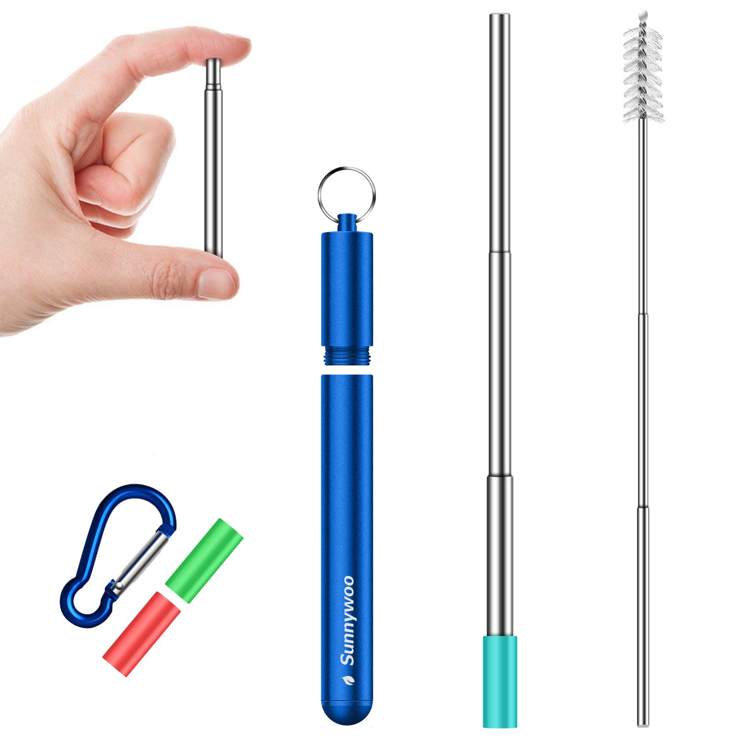 Sunnywoo Collapsible Reusable Straws,Portable Stainless Steel Metal Drinking Foldable Straw with Travel Case & Cleaning Brush & Keychain & Silicon Tips for Adults and Kids