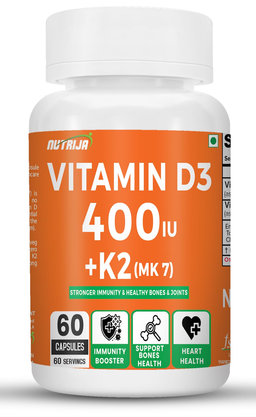 NutriJa Vitamin D3 + K2 as MK7 Supplement 60 capsules | Plant Based Natural Vitamin D3 Supplement Sourced from Lichen - Stronger Immunity, Supports Bones, Joints & Heart Health