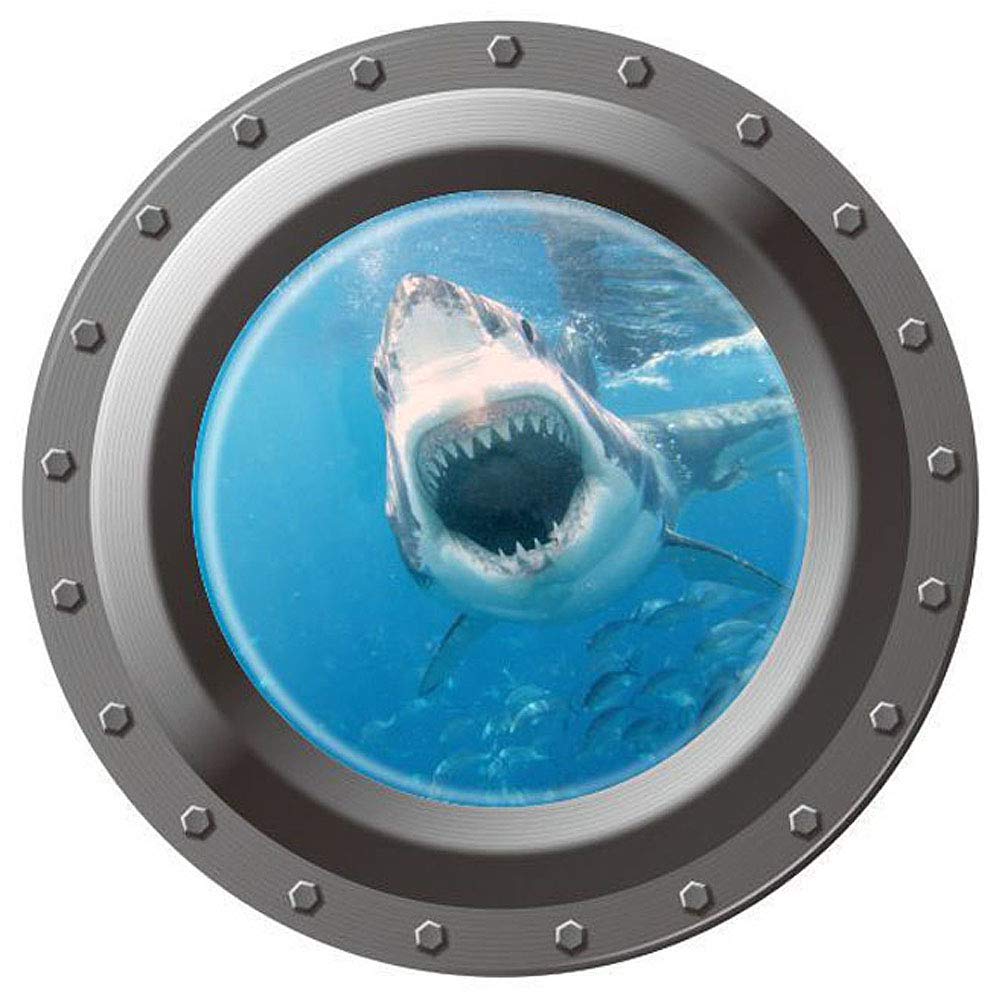 Homefind 17" x 17" 3D Submarine Porthole View Of Ocean Undersea World Shark Fish Wall Stickers Peel & Stick Vinyl Murals Wall Decals Removable Kids Room Bedroom Nursery Wall Decoration