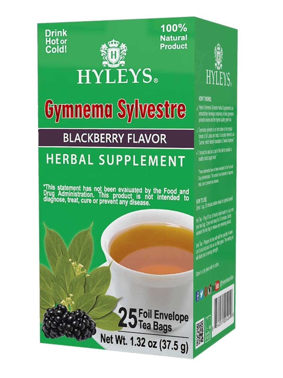 Hyleys Gymnema Sylvestre with Green Tea - Blackberry Flavor - 25 Tea Bags - Herbal Supplement Gurmar Tea