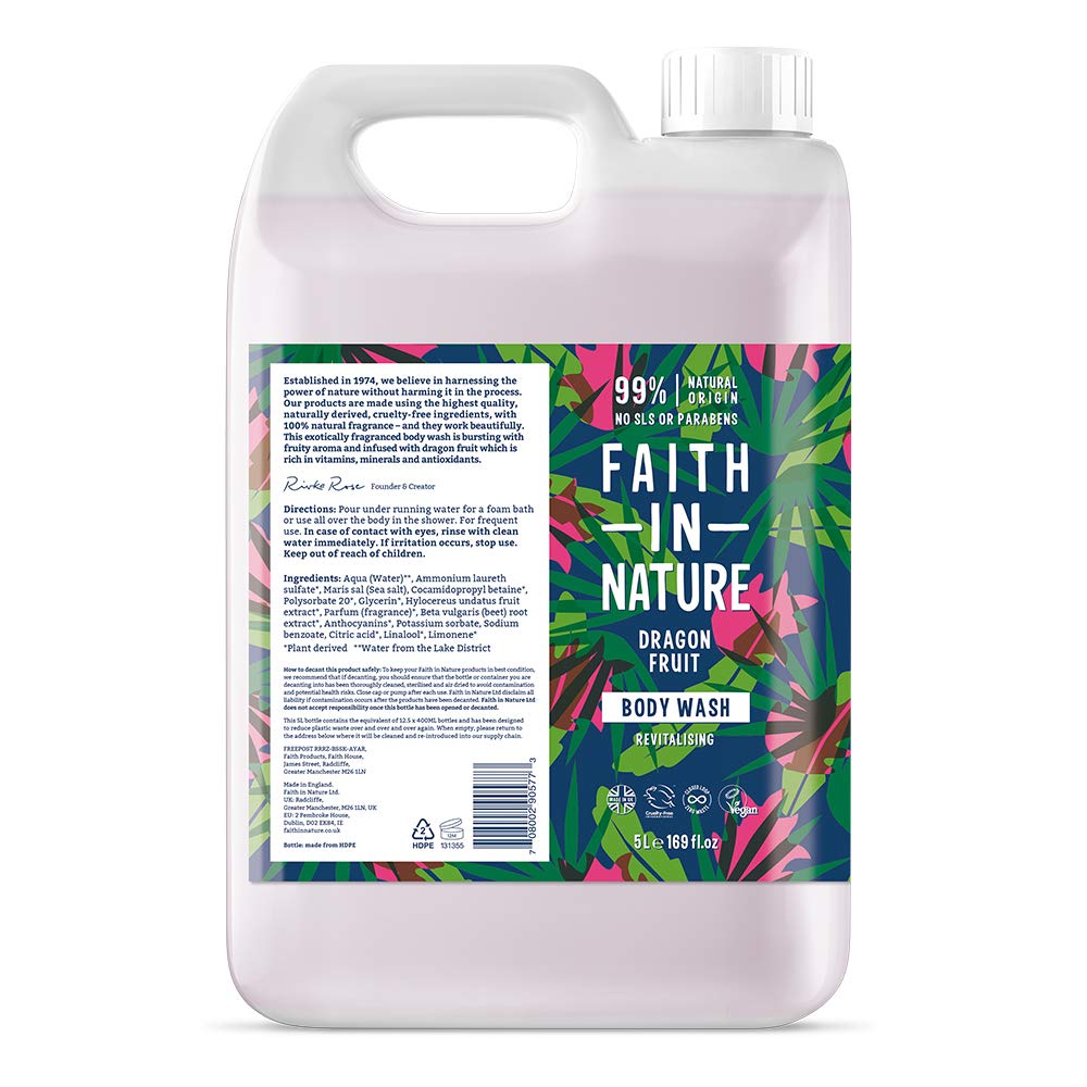 Faith In Nature Natural Dragon Fruit Body Wash, Revitalising, Vegan and Cruelty Free, No SLS or Parabens, 5 L Refill Pack