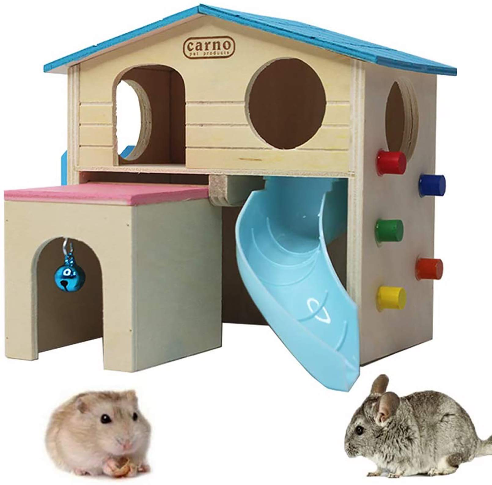 Wooden Hamster House Small Animal Hideout Climbing Ladder Slide Hut Play Toys for Chipmunk Mouse Rat Hedgehog (Blue)