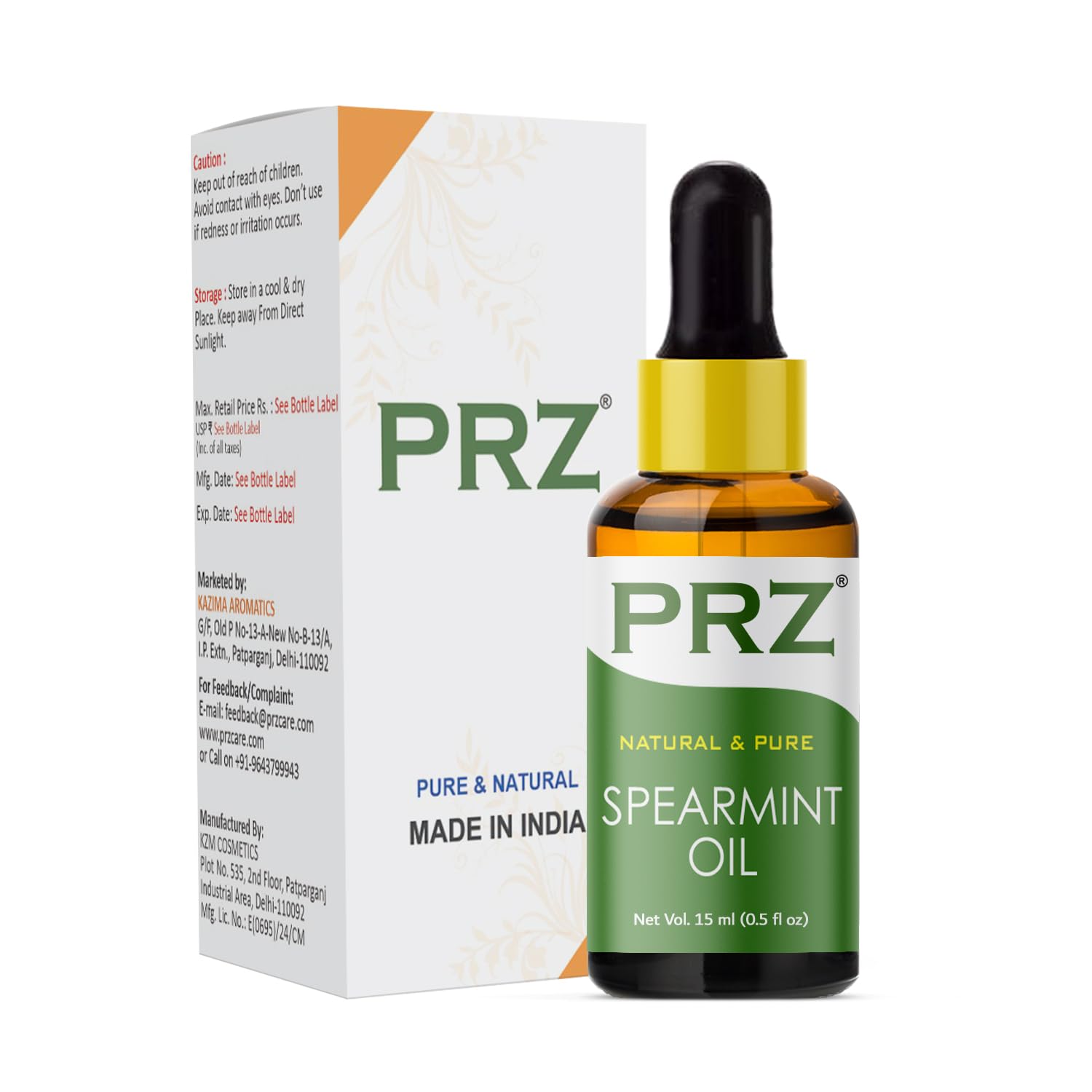 PRZ Spearmint Essential Oil - Pure Natural & Therapeutic Grade Oil for Aromatherapy Body Massage, Skin Care & Hair Care, 15 ml