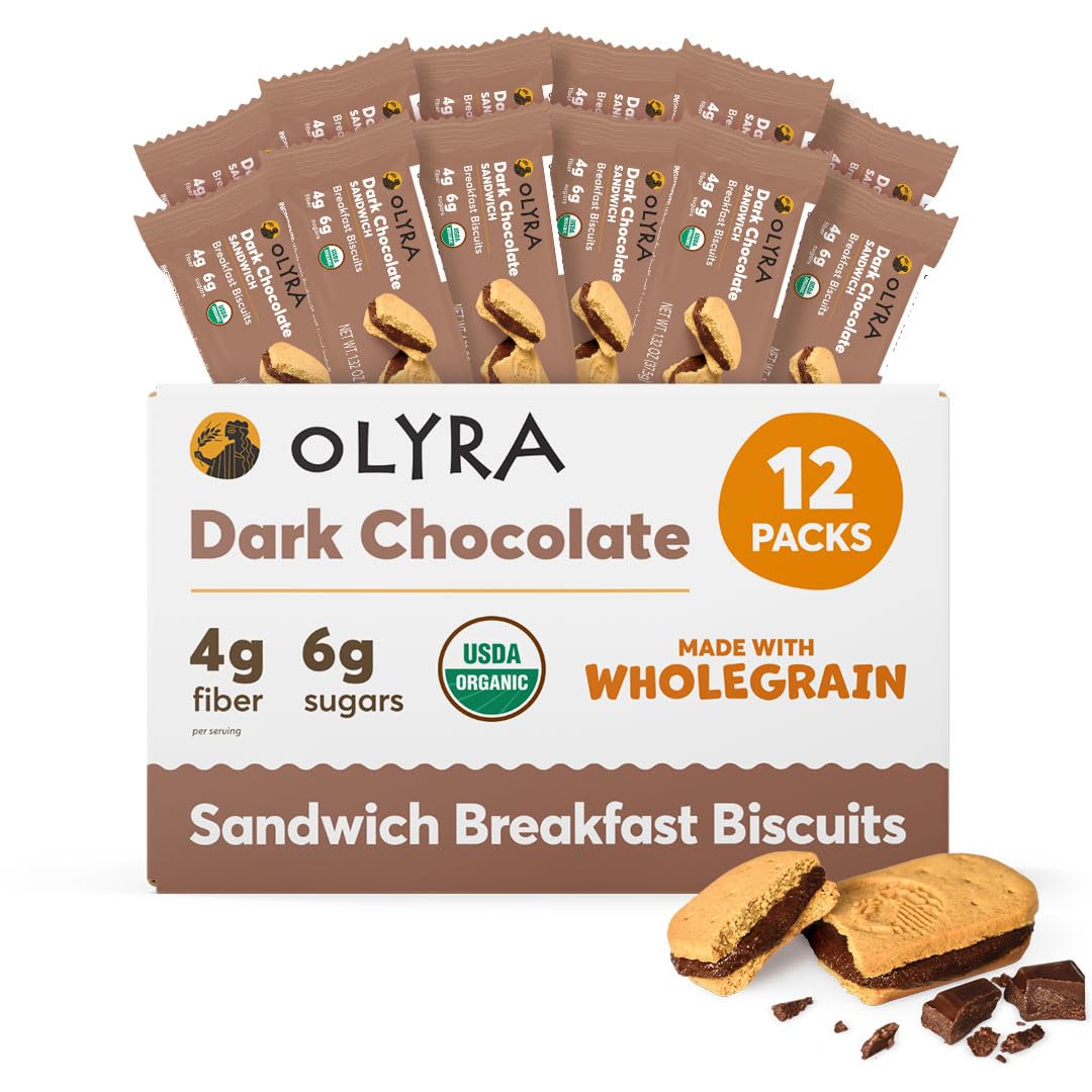 Olyra Dark Chocolate Sandwich Breakfast Biscuits, Healthy Snacks for Kids and Adults, Low Sugar, High Fiber, Vegan Organic Cookies, with Ancient Greek Grains, USDA Certified Organic, Non GMO, 12 count