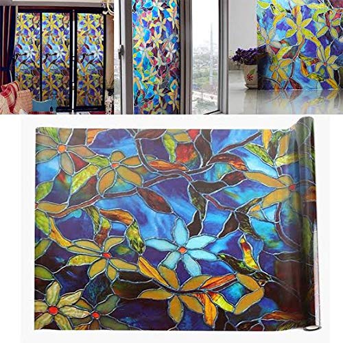 DEEPLITE 3D Printed Window Privacy Sticker Glass Self Adhesive Decorative for Bathroom/Door Window/ Heat Control/ Sidelight/ Anti UV ( Blue Lily Flowers 2 x 4 Feet )