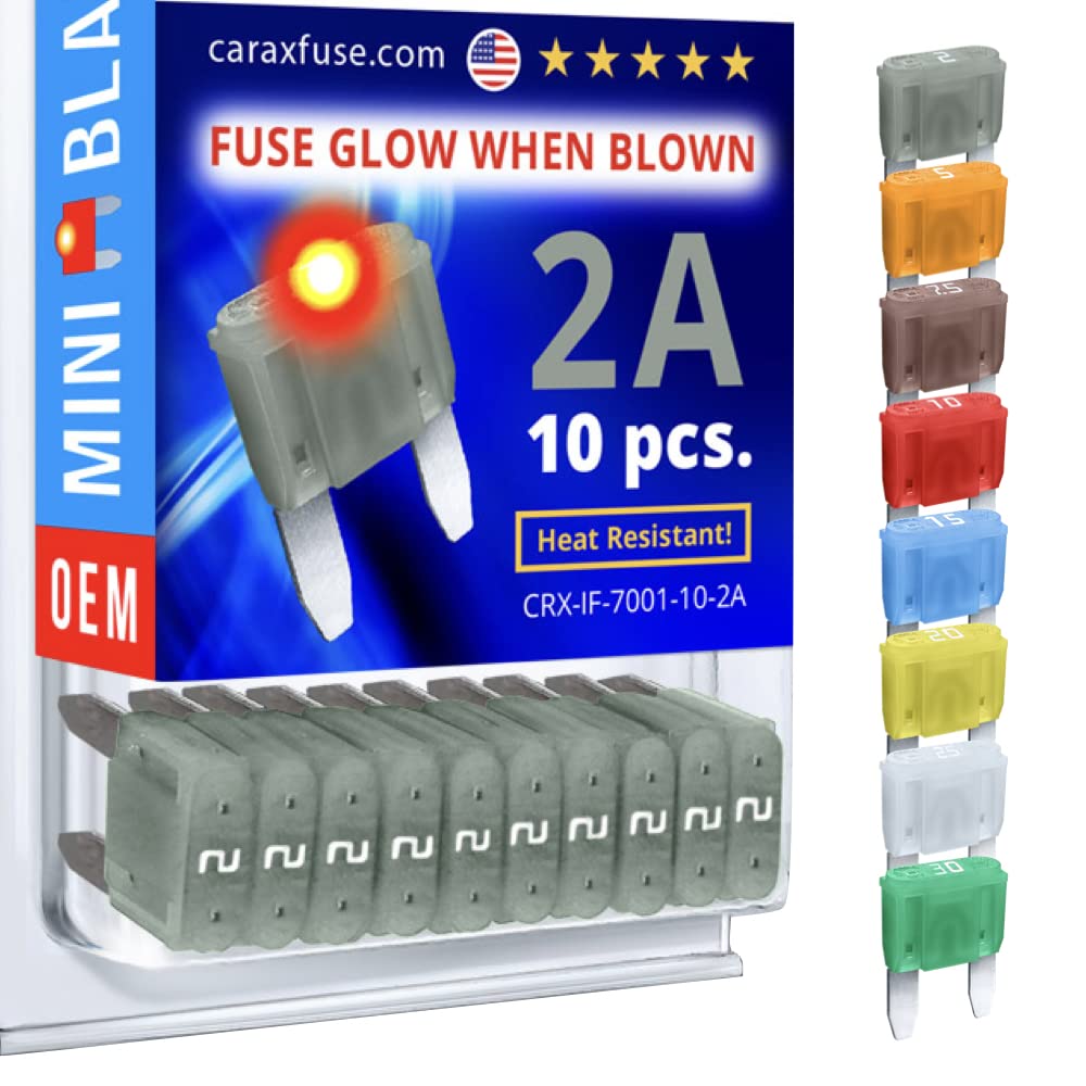 CARAX Glow Fuse – Premium Fuse Mini Blade – 2A Kit 10 pcs – Glow When Blown LED Automotive Fuse – Smart Auto Glow Fuse Easy Identification – 10 pcs