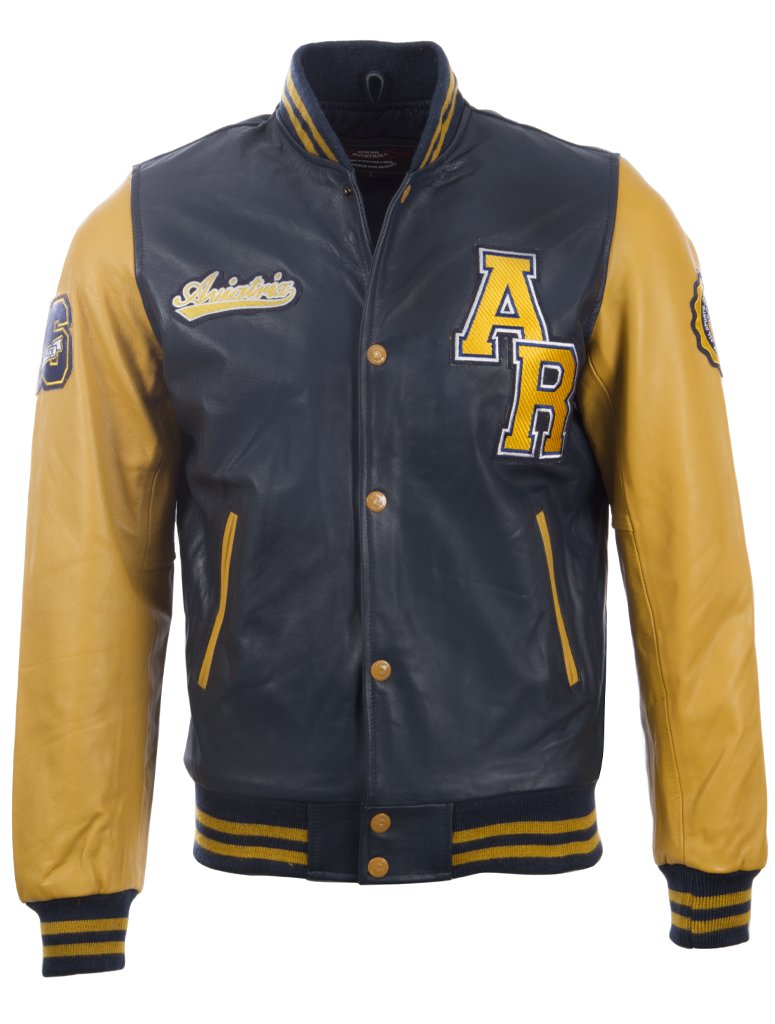 AviatrixMen's REAL Cow Hide Leather Baseball Varsity Patch Bomber Jacket (VZH7)