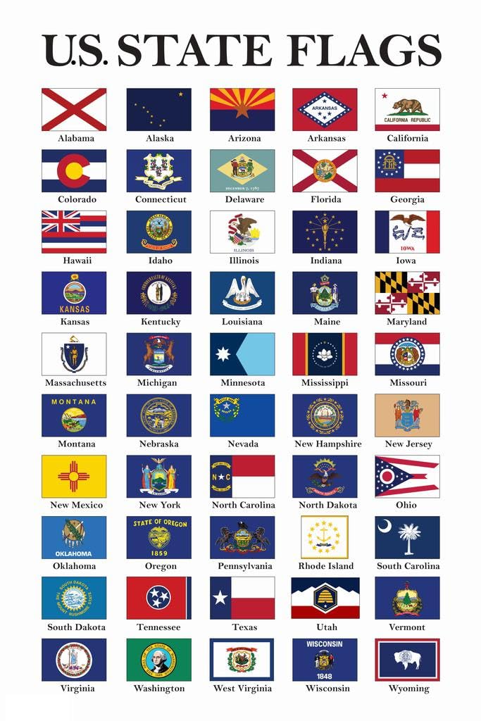 State Flags Poster 2023 Updated Edition US History Classroom Decorations Social Studies Classroom Teacher Supplies All 50 States Posters for Civics Decor Cool Wall Decor Art Print Poster 12x18