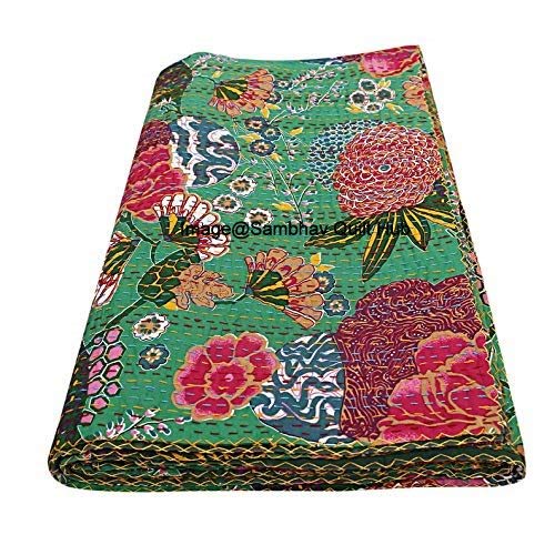 Sambhav Quilt HubQueen/Twin/King Indian Handmade Fruit Reversible Kantha Quilt Bohemian Bedding Kantha Throw Kantha Blanket Tropicana Fruit King Kantha Bed Cover Stitch Floral Quilt (108X108 inch)